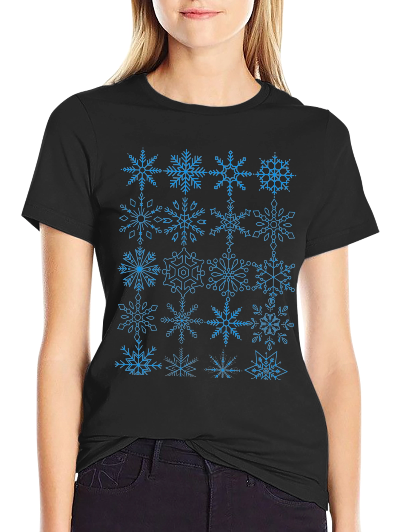 Black Snowflake Pattern Black T-Shirt view 2