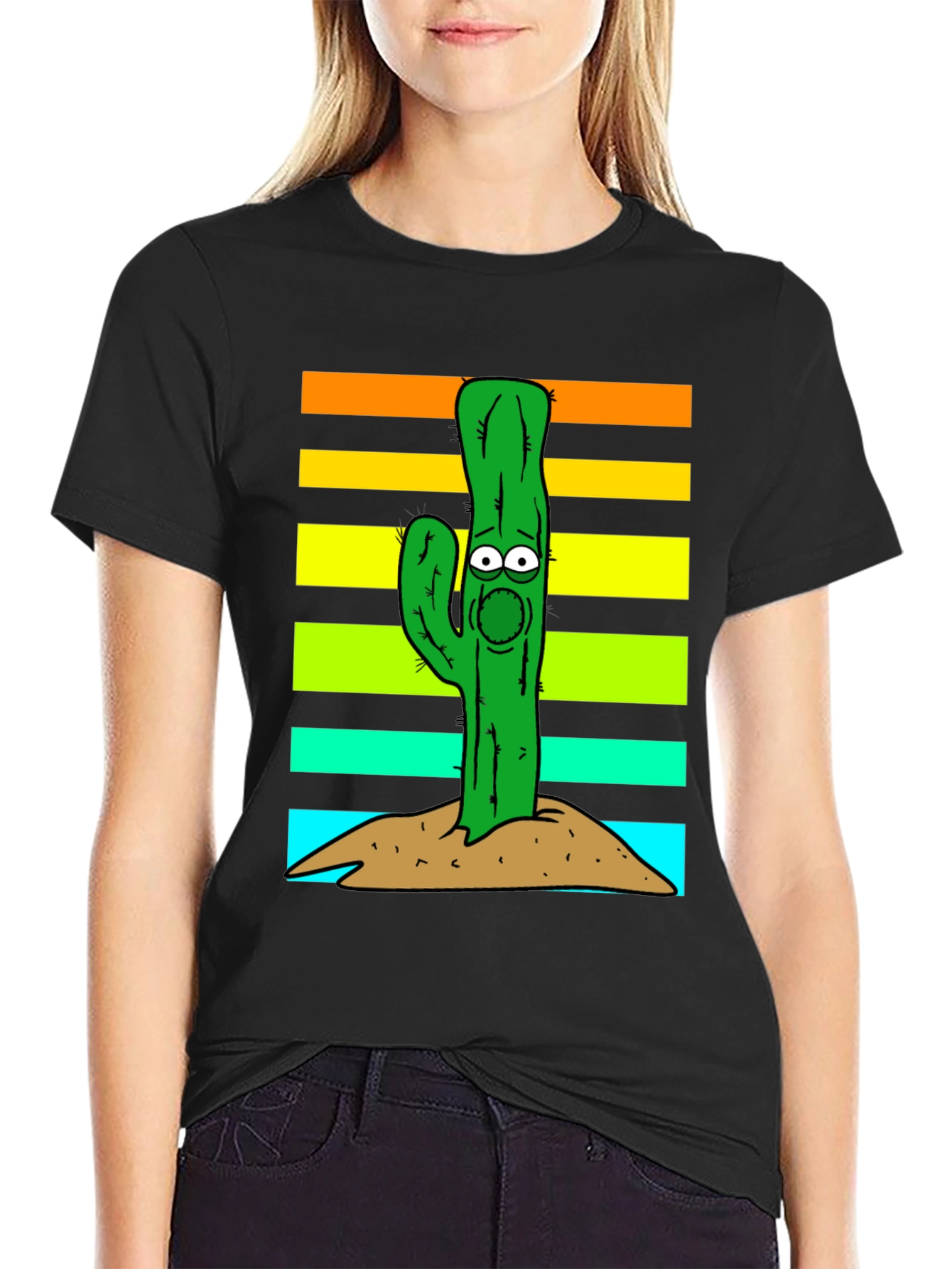 Black Cartoon Cactus Graphic T-Shirt view 2