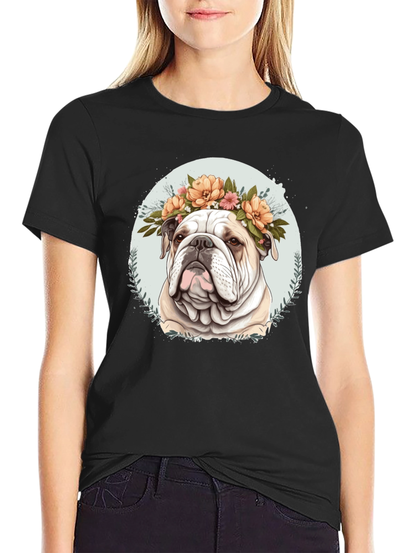 Black Bulldog Floral Crown Black T-Shirt view 2