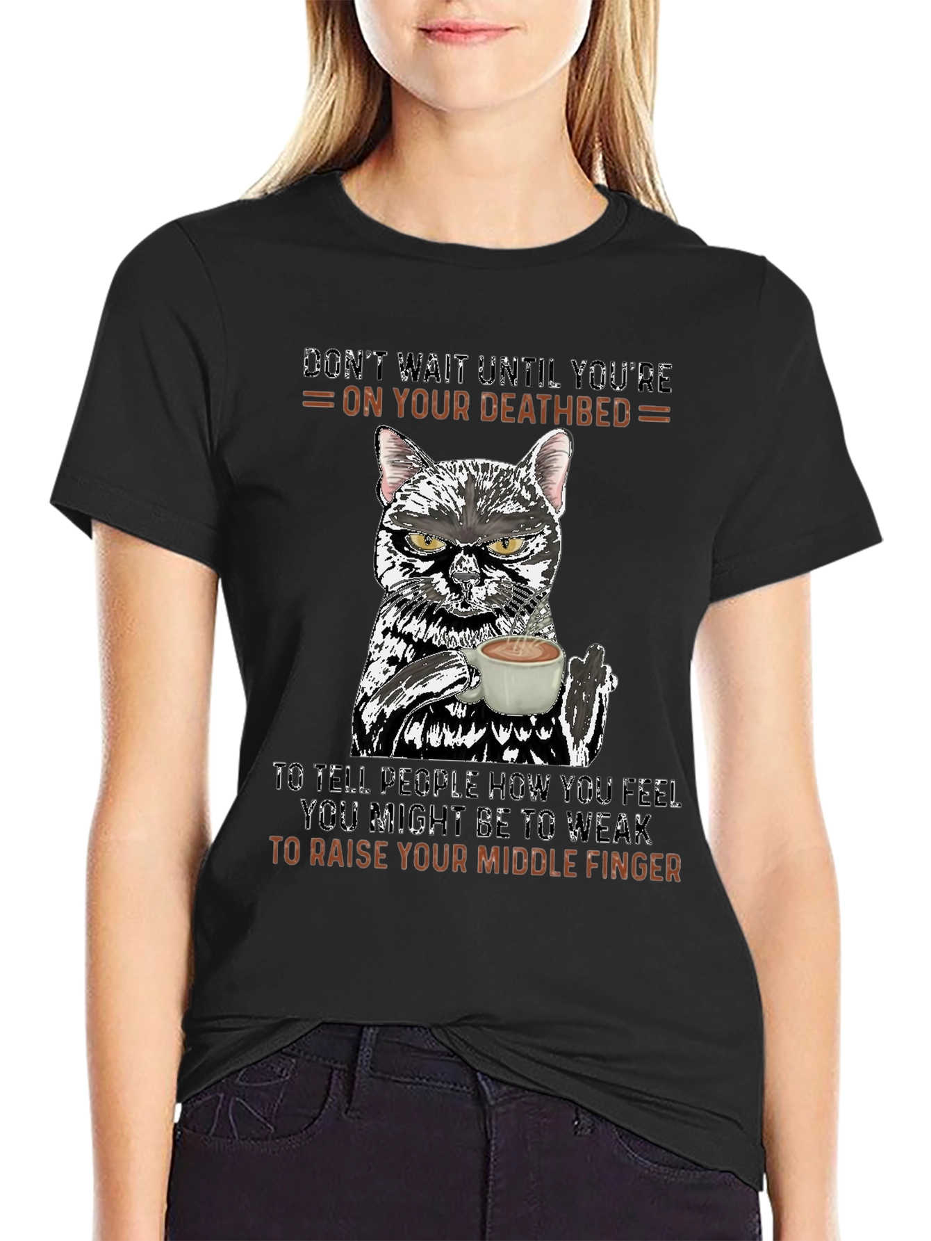 Black Funny Cat Middle Finger Graphic T-Shirt view 2