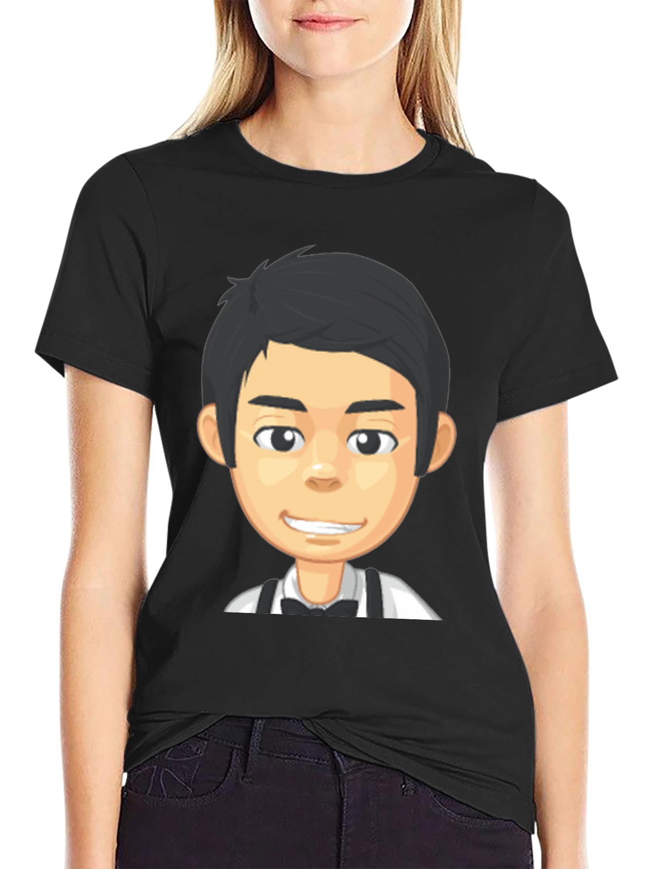 Black Cartoon Waiter Graphic Tee - Black Crew Neck T-Shirt view 2