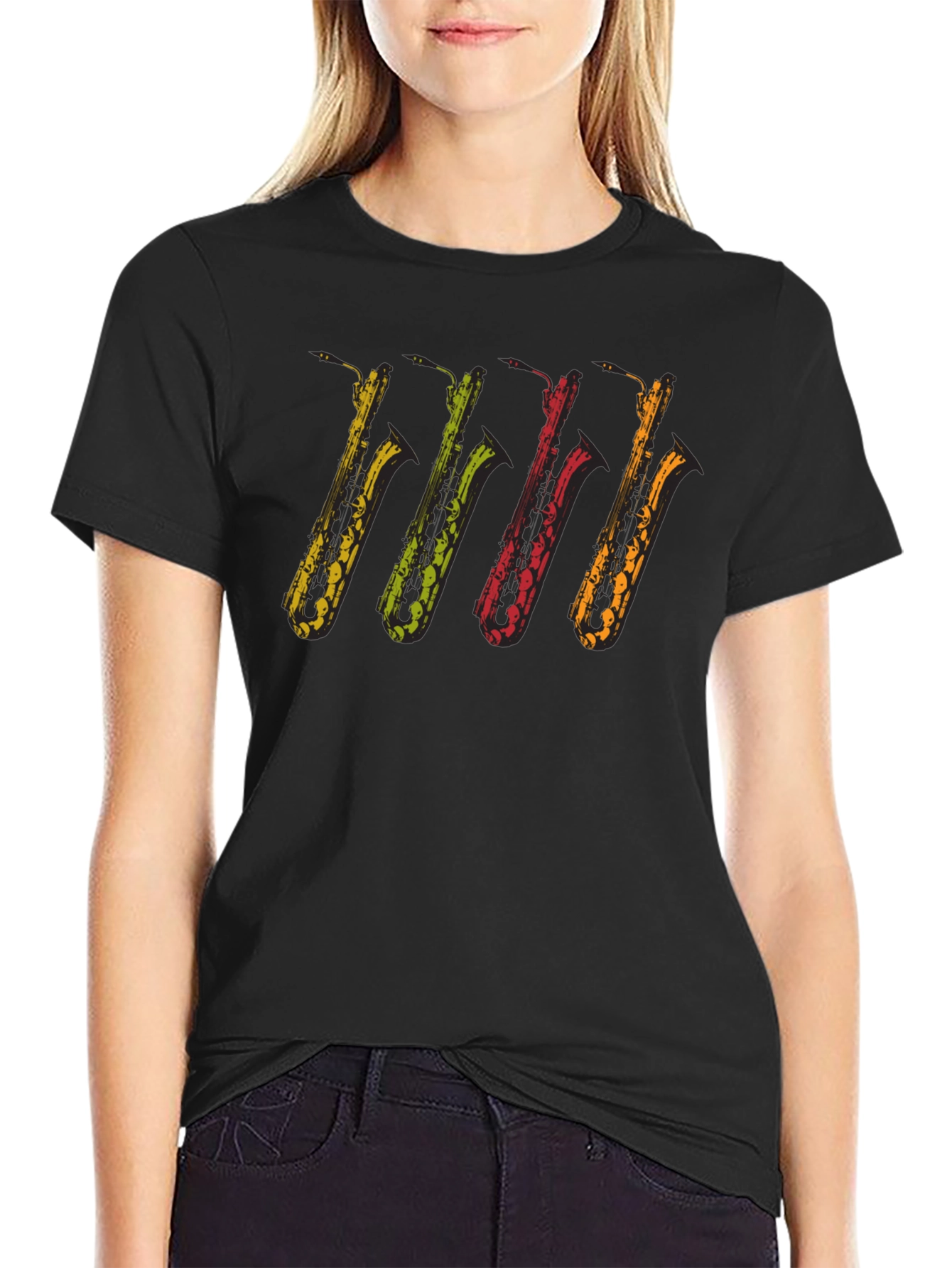 Black Cool Saxophones Black T-Shirt | Music Lover Tee view 2