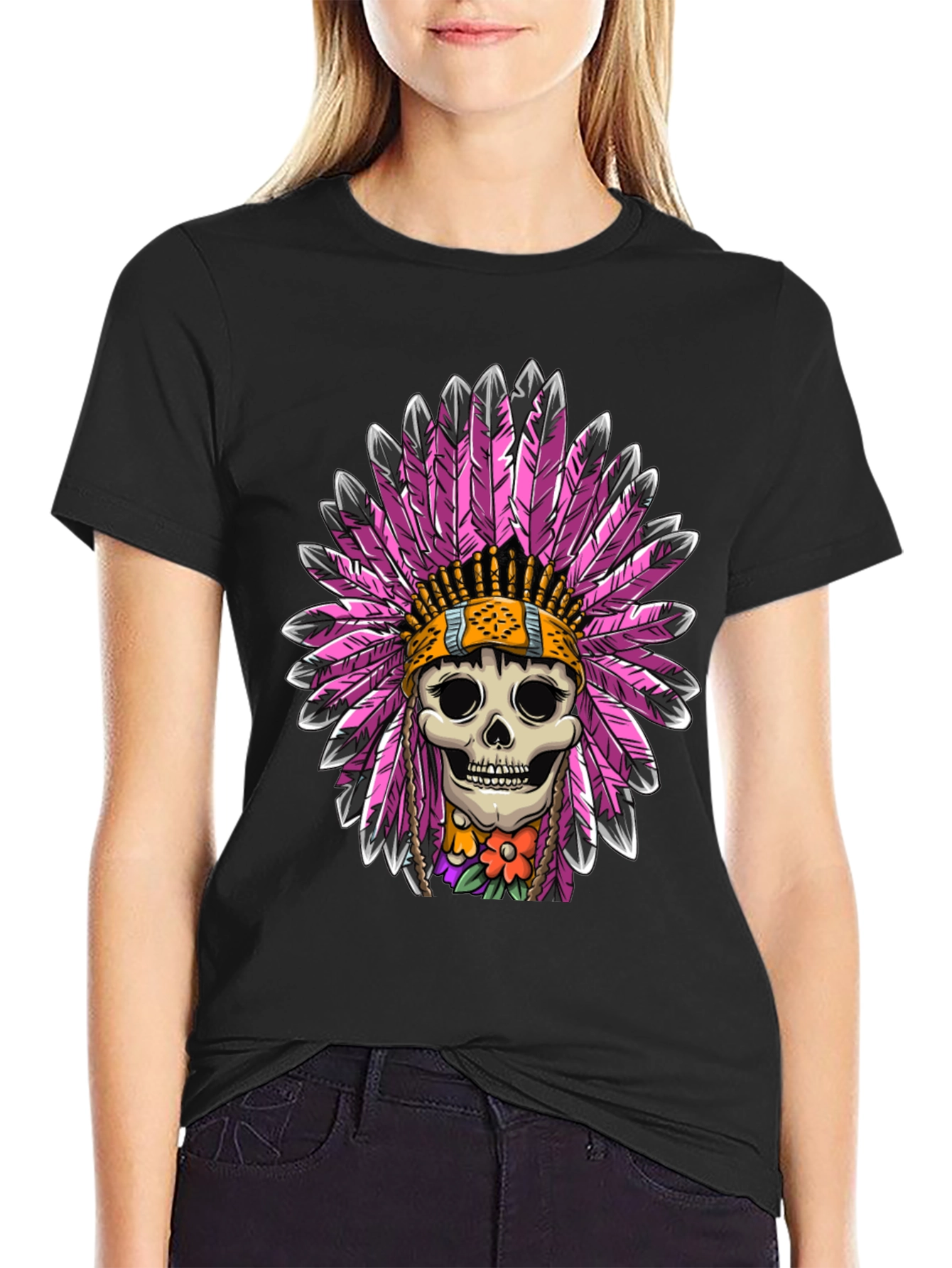 Black Skull Chief Feather Headdress T-Shirt view 2