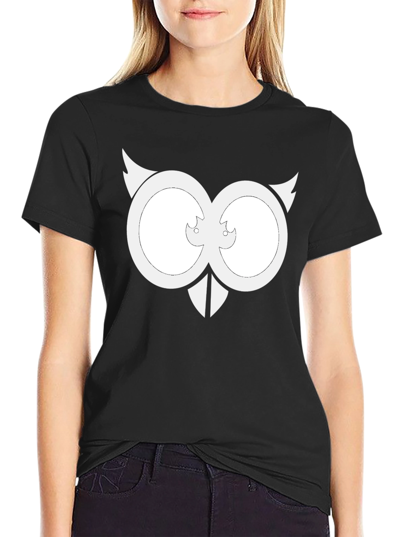 Black Cool Owl Eyes Graphic Black T-Shirt view 2