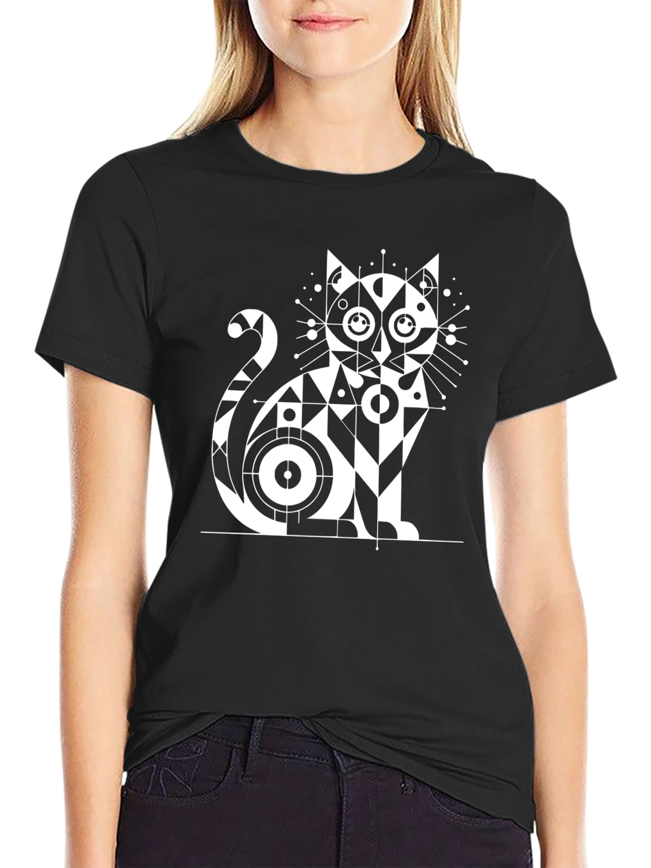 Black Geometric Cat Graphic T-Shirt - Modern Design view 2