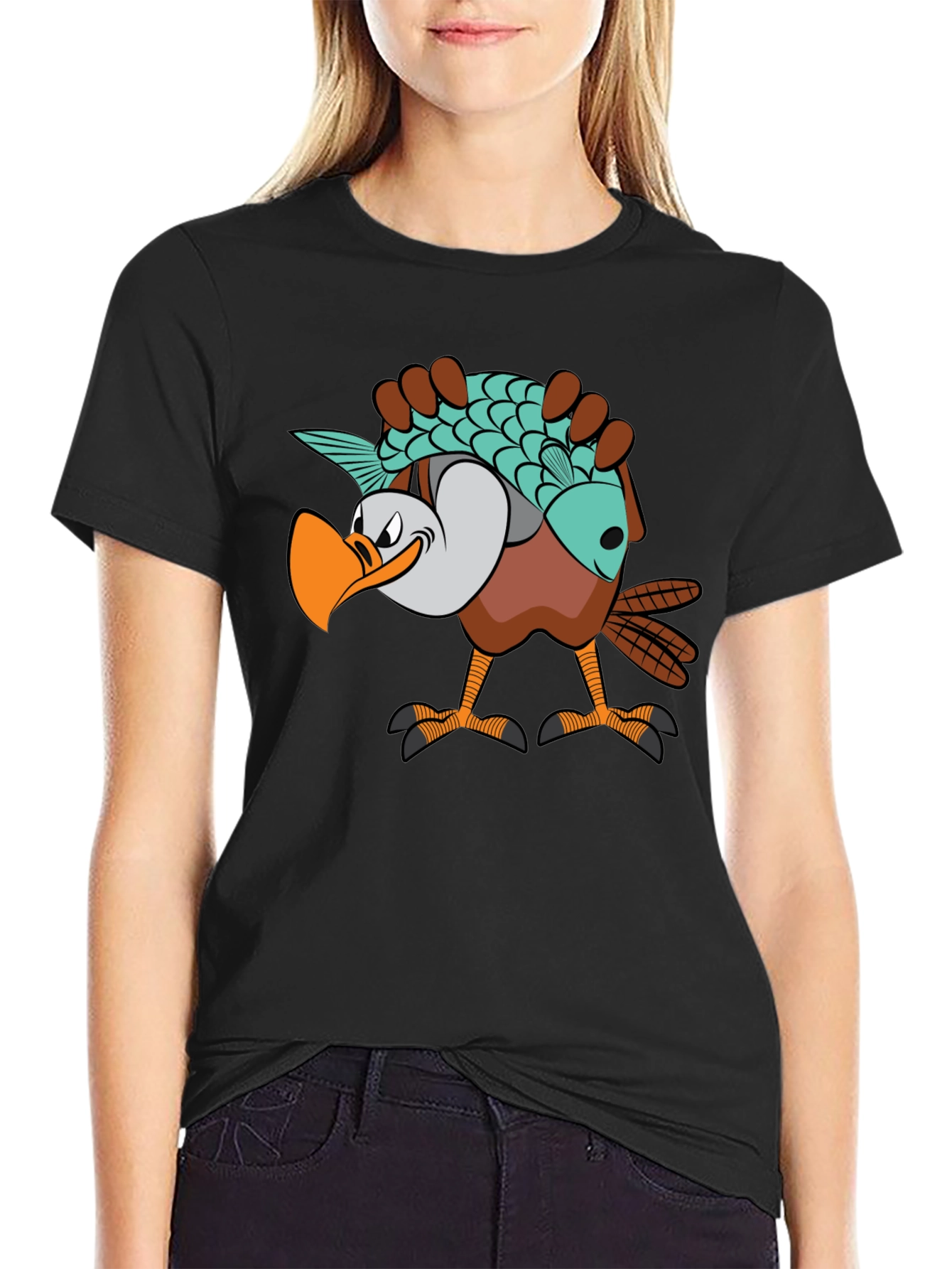Black Funny Eagle Carrying Fish Graphic T-Shirt view 2