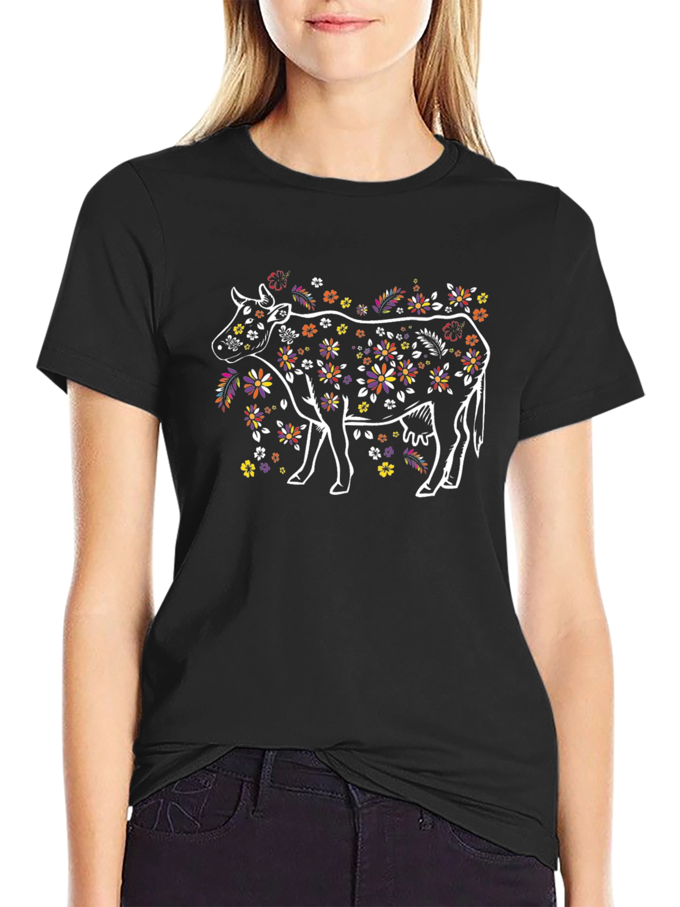 Black Floral Cow T-Shirt - Unique Graphic Tee view 2