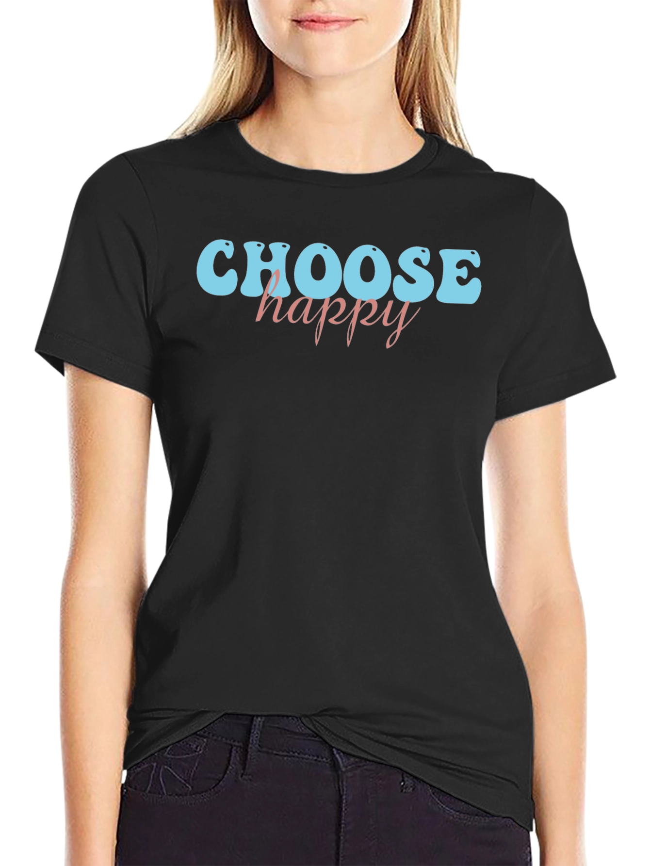 Black Choose Happy Graphic Tee - Black Cotton Casual Shirt view 2