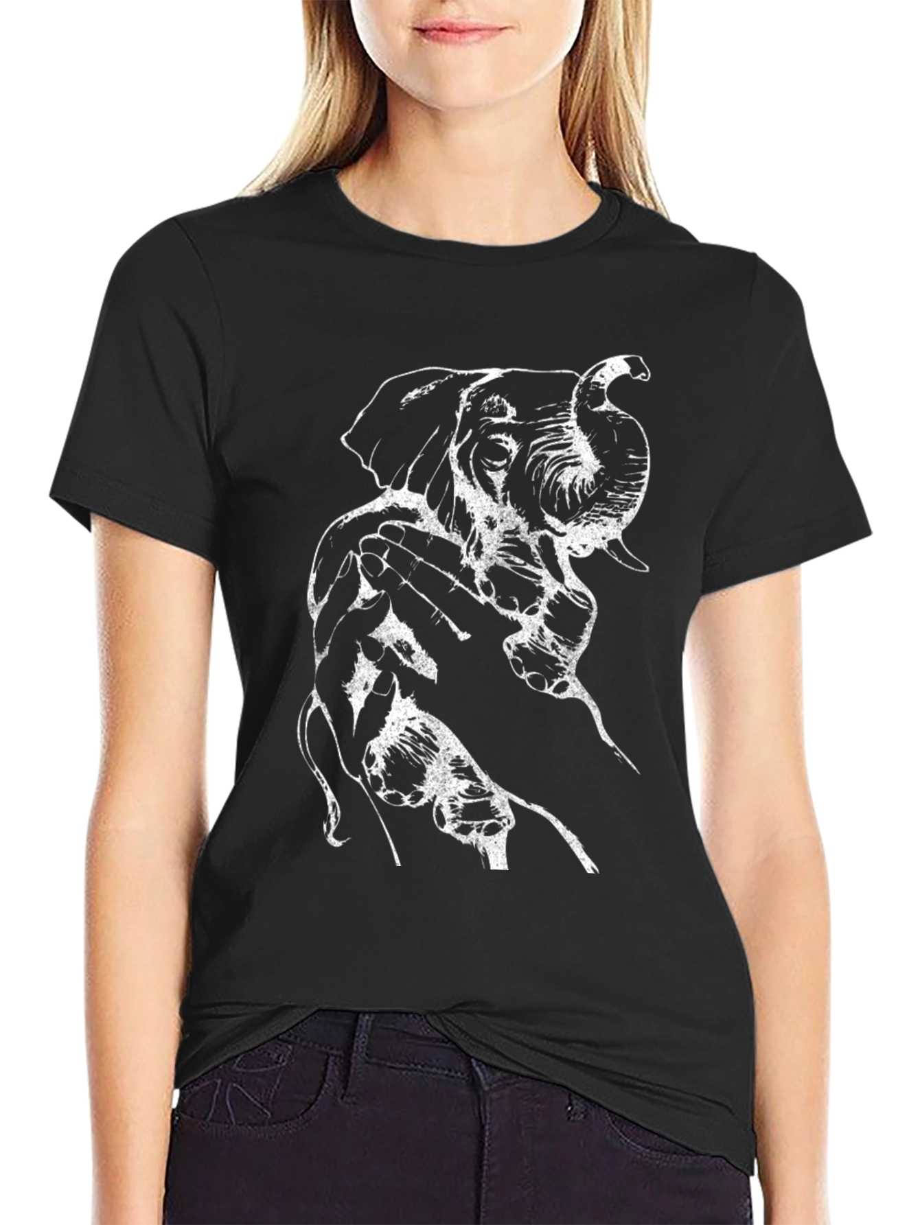 Black Elephant Hand Graphic Tee - Black Casual T-Shirt view 2