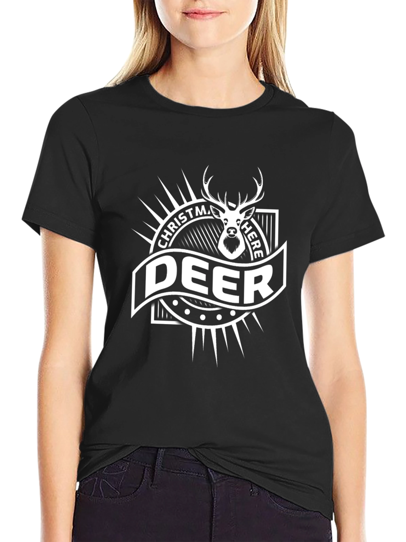 Black Christmas Deer Here Graphic Tee view 2