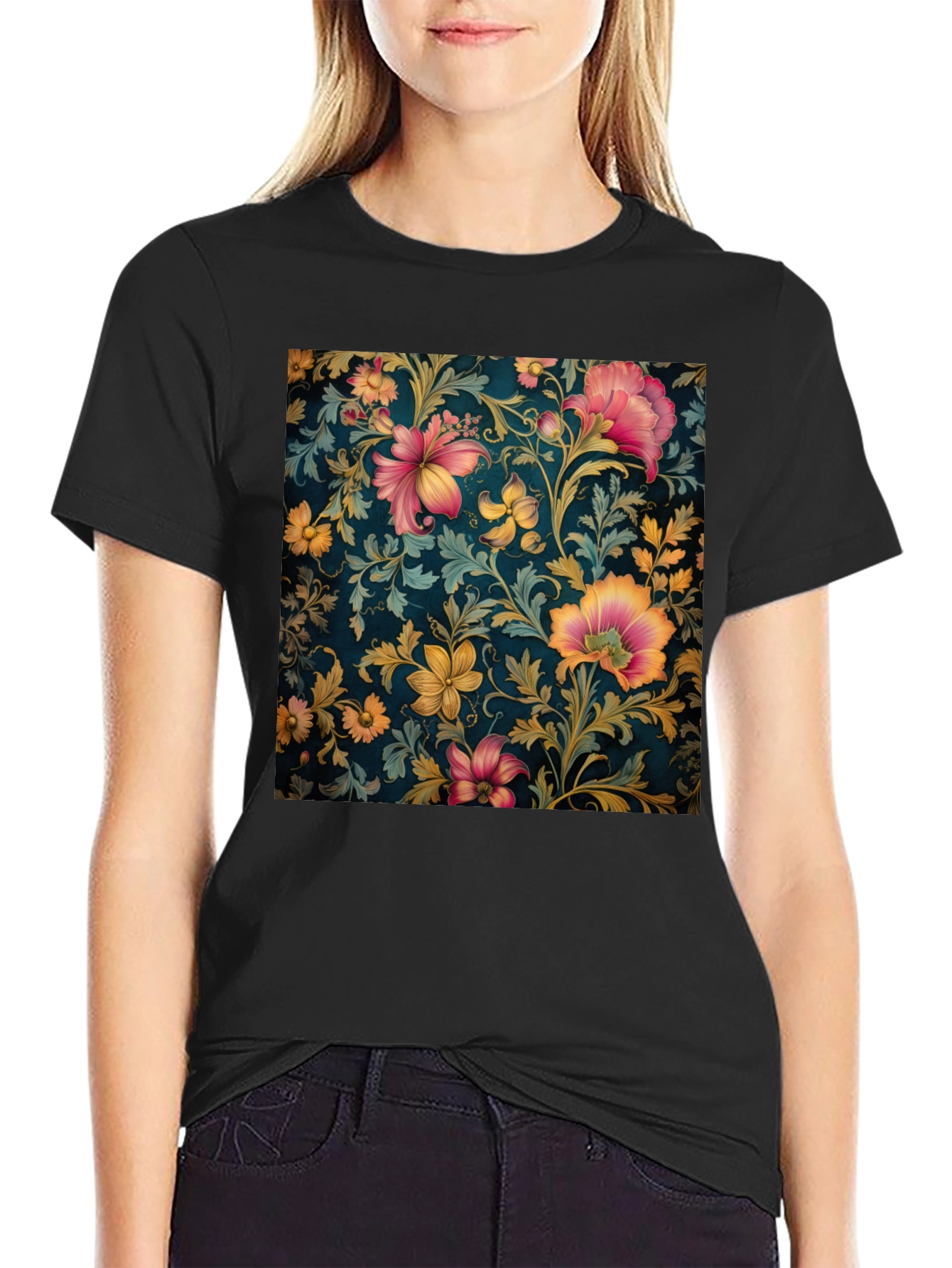 Black Floral Print Crew Neck T-Shirt view 2