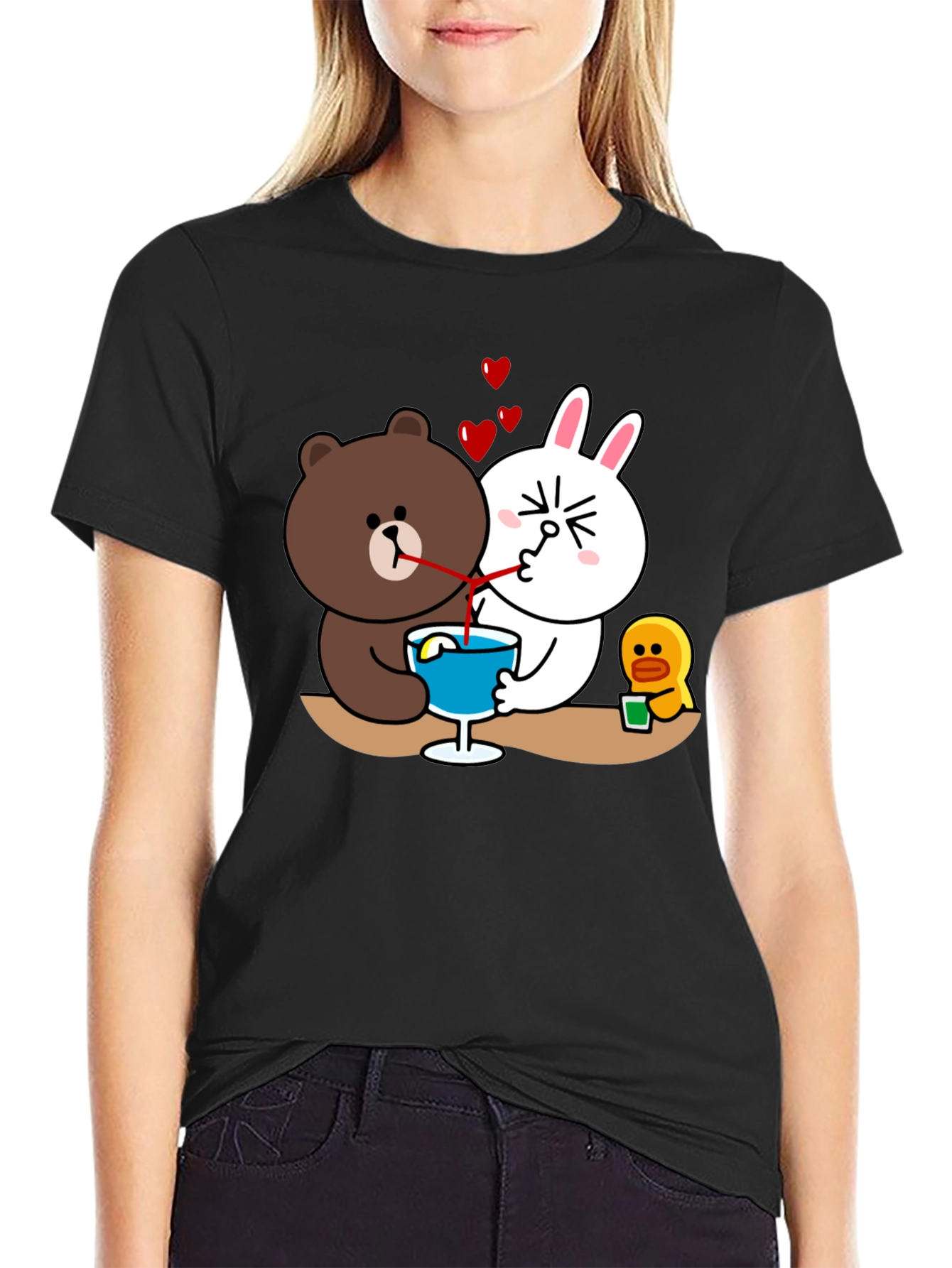 Black Cartoon Graphic Tee: Bear & Bunny Sharing Drink view 2