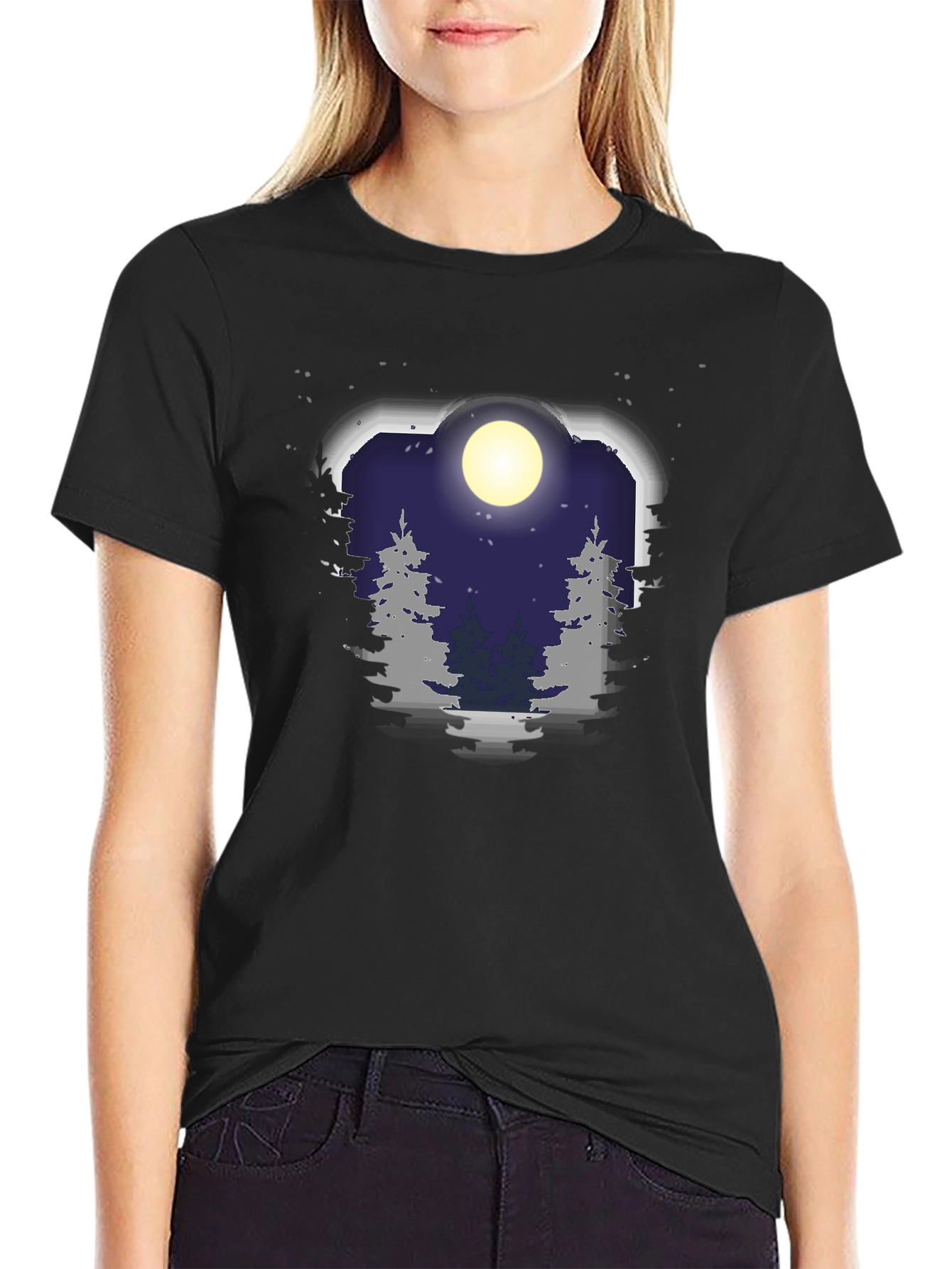 Black Night Forest Moon Graphic Tee - Unisex Black T-Shirt view 2