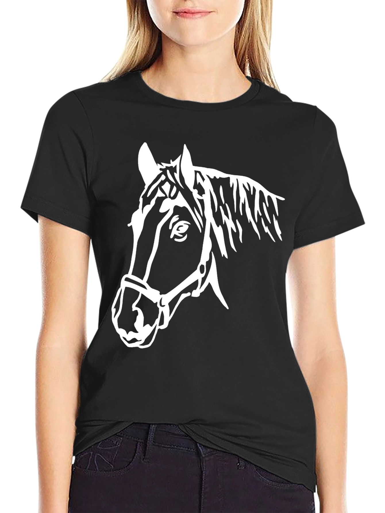Black Black T-Shirt with White Horse Head Graphic view 2