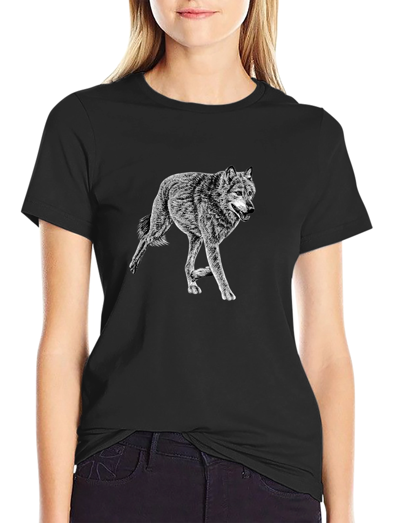 Black Black Wolf Graphic Tee - Stylish Crew Neck Cotton T-Shirt view 2