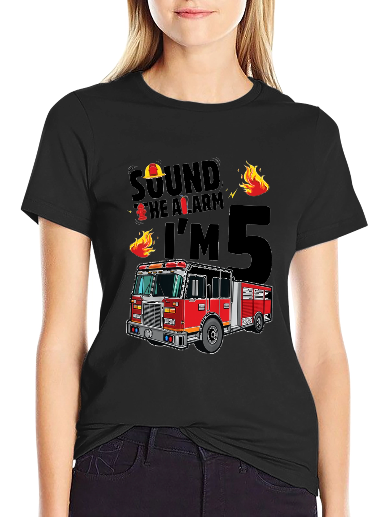 Black Fire Truck 5th Birthday T-Shirt view 2
