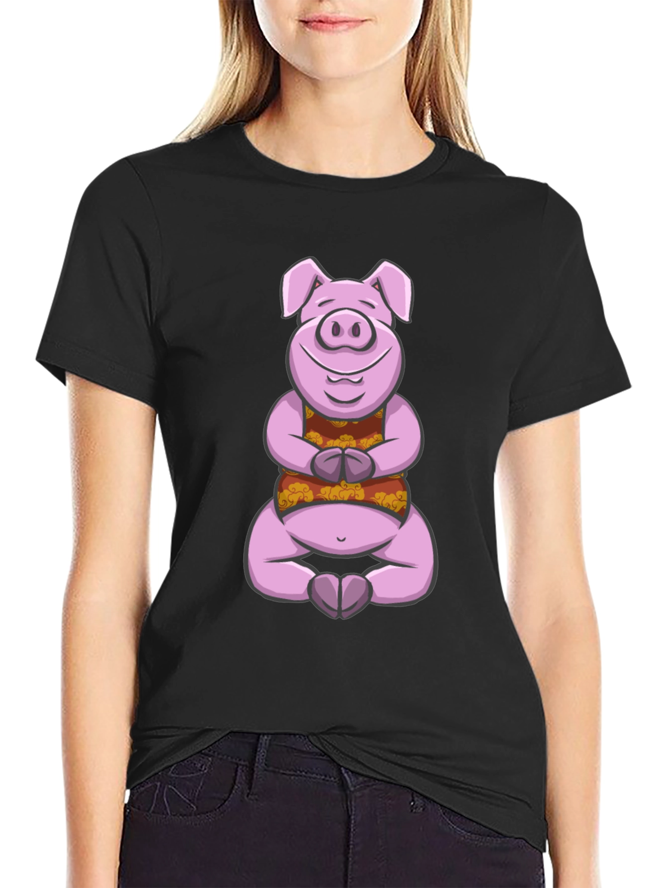 Black Meditating Pig Graphic Tee - Funny Yoga Shirt view 2