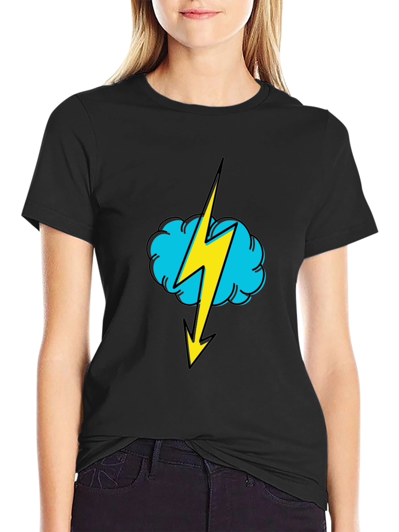 Black Black T-Shirt with Lightning Cloud Graphic view 2