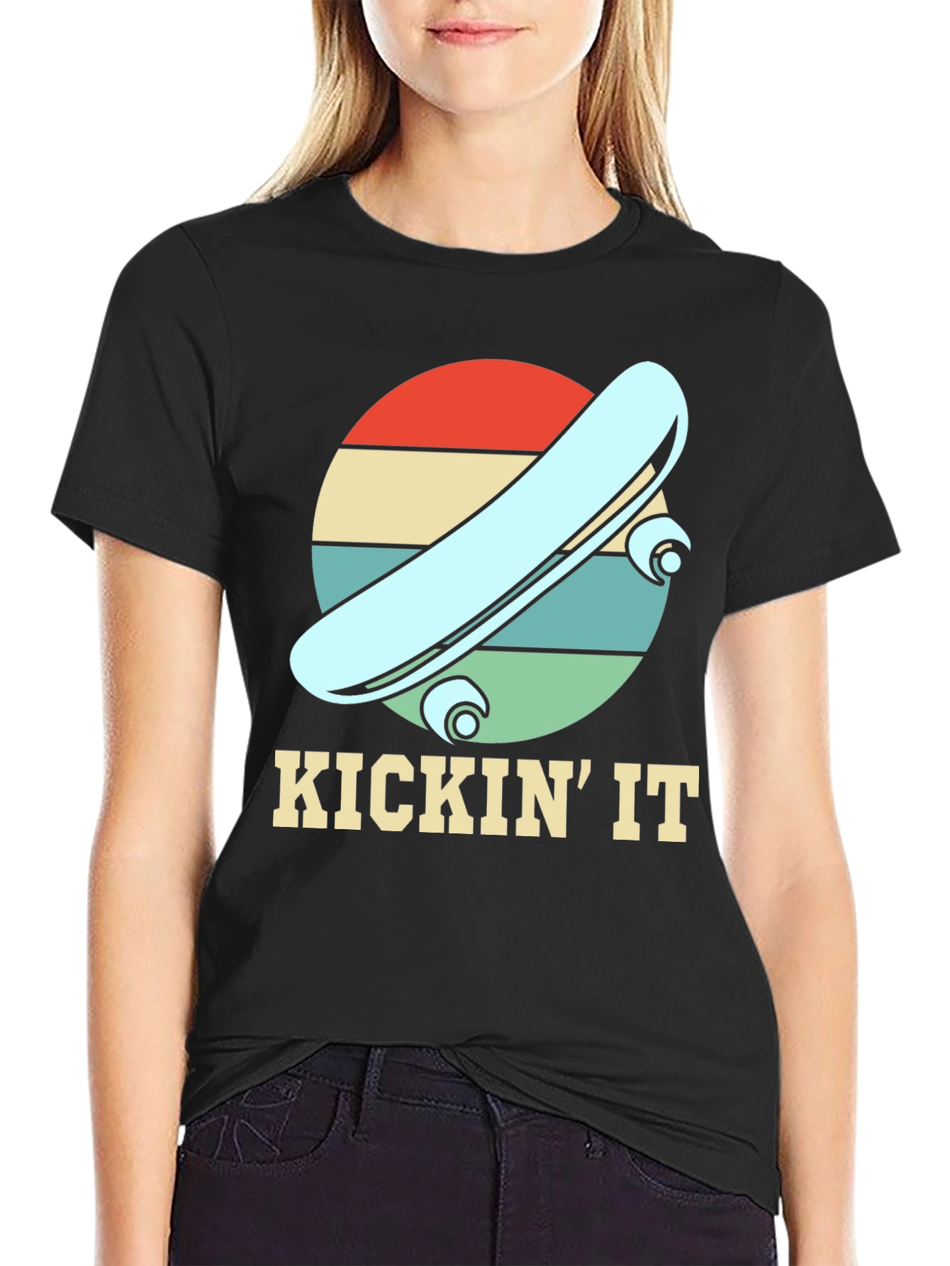 Black KICKIN' IT Skateboard Retro Tee view 2