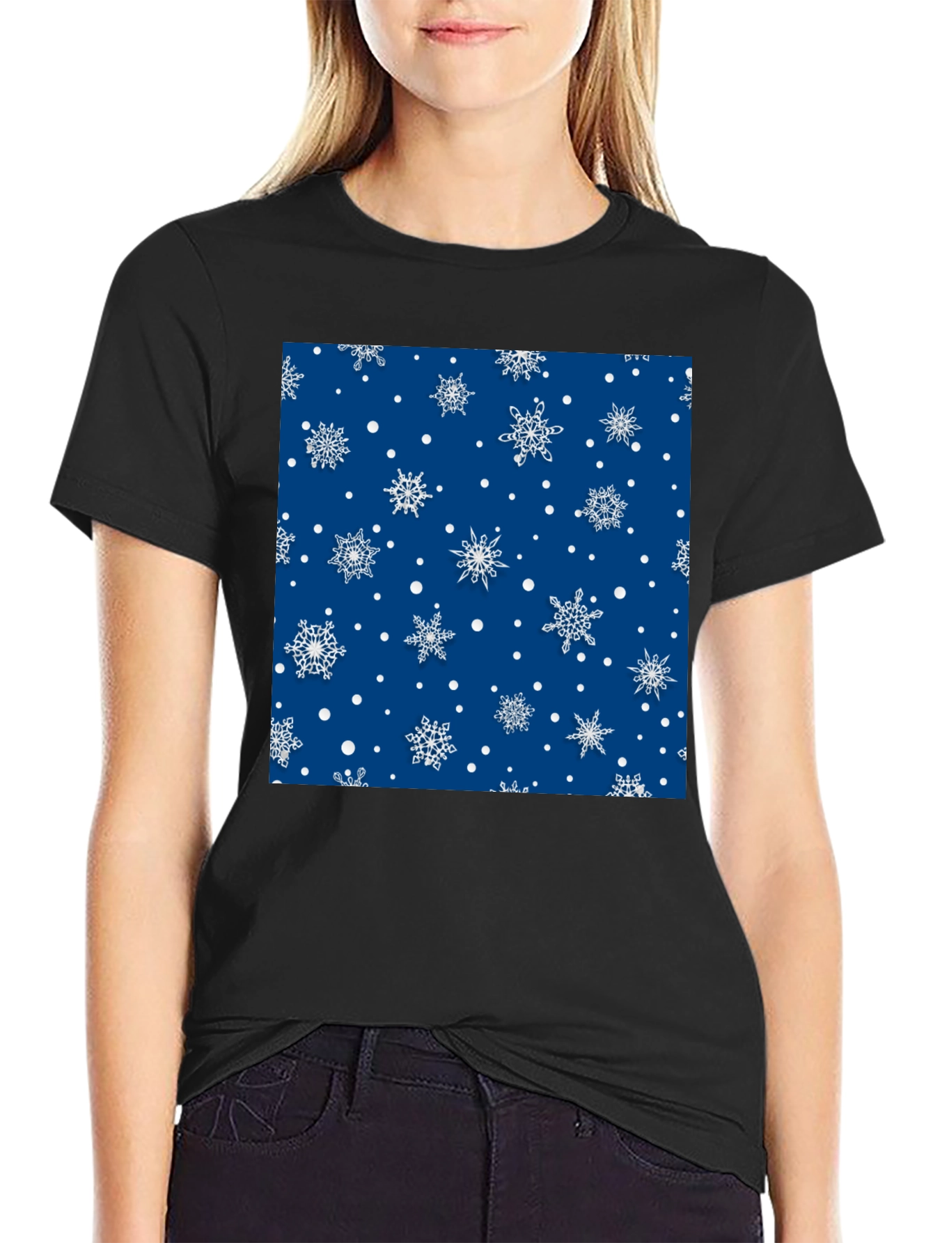 Black Festive Snowflake Pattern Black T-Shirt view 2