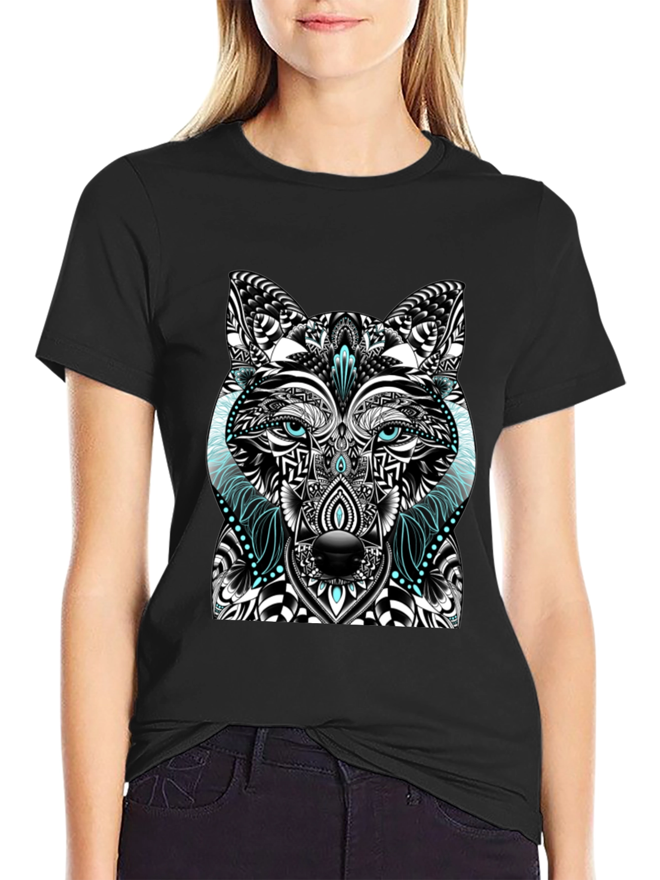 Black Wolf Graphic Print Men's Black T-Shirt view 2