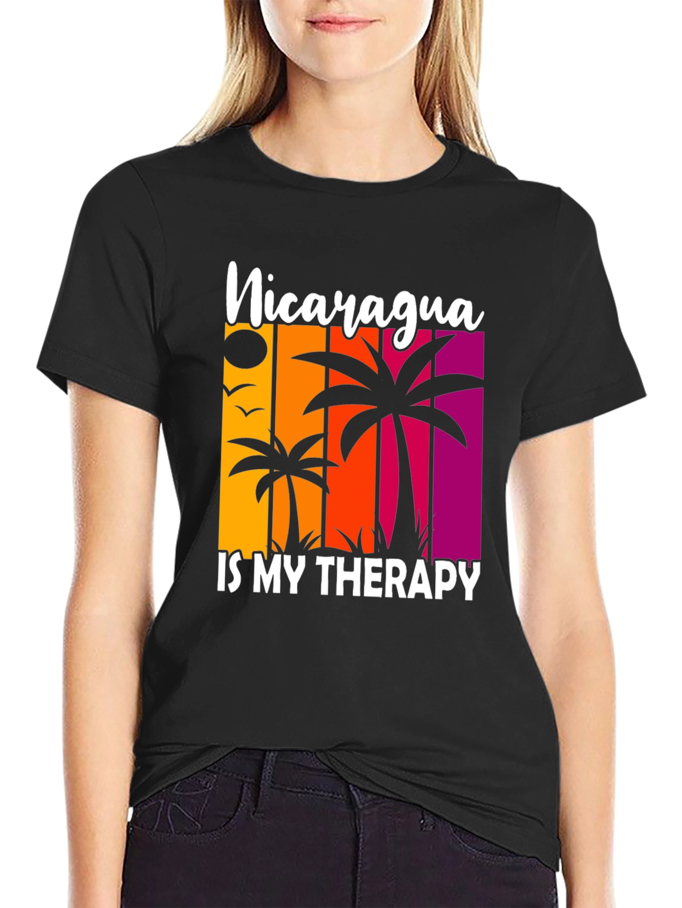 Black Nicaragua Therapy Graphic Tee, Tropical Palm Shirt view 2