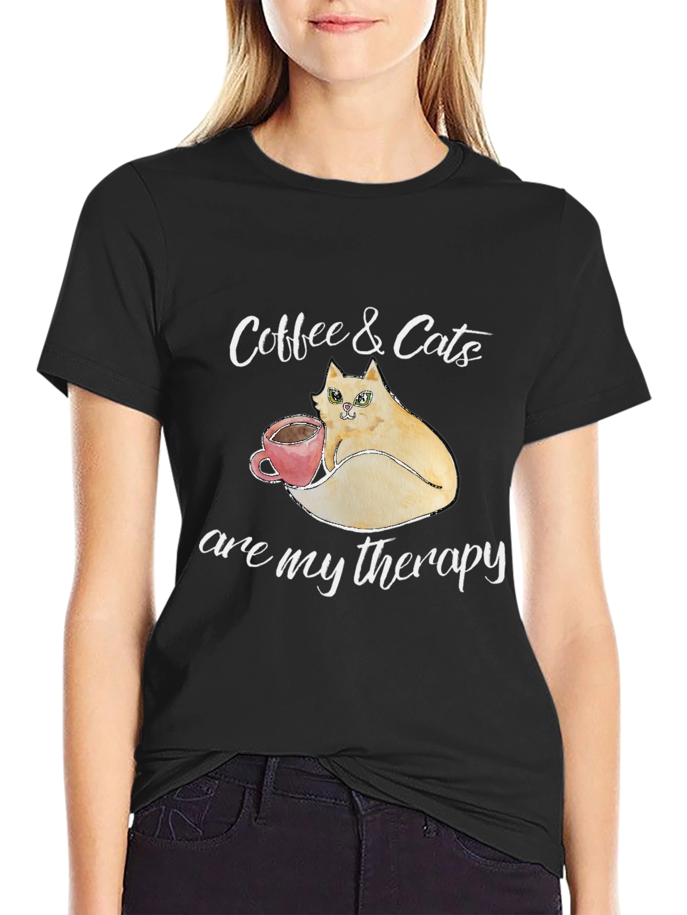 Black Coffee & Cats Therapy T-Shirt - Unique Design view 2