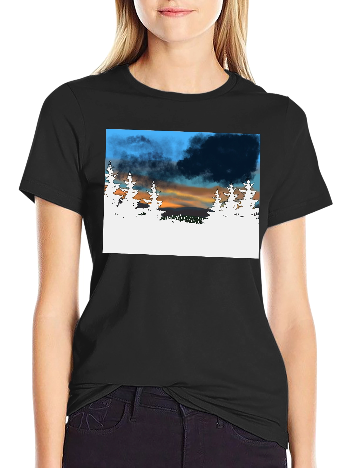 Black Nature Scene Graphic Print Black T-Shirt view 2