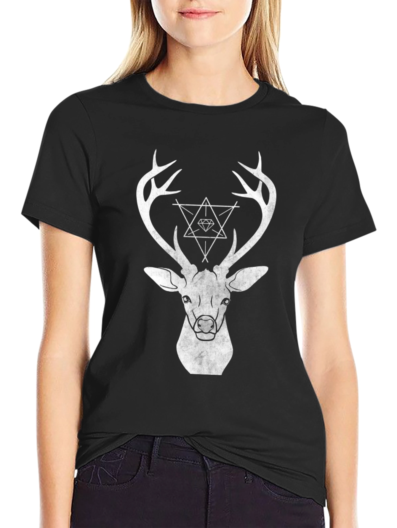 Black Geometric Deer Graphic T-Shirt view 2