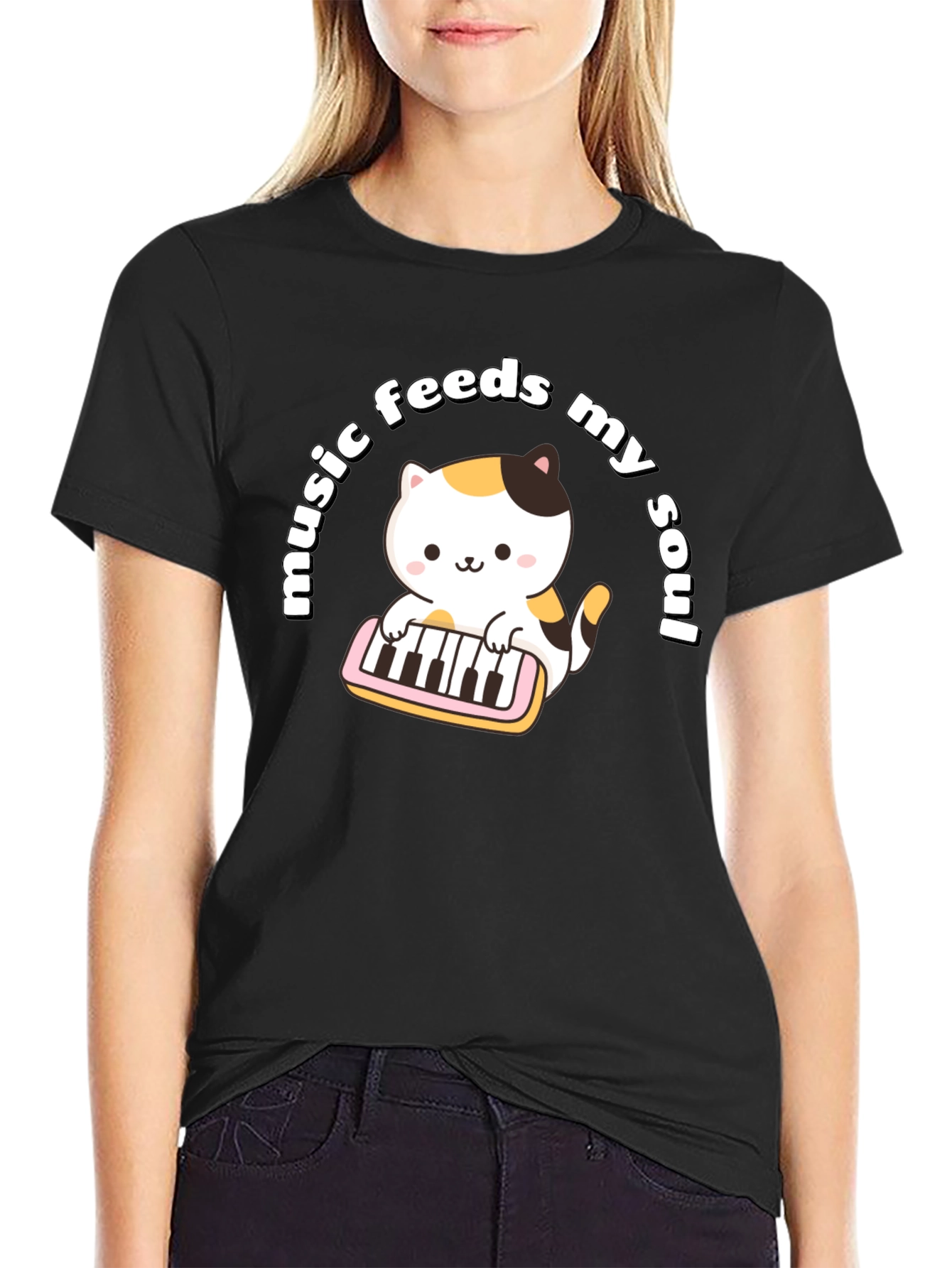 Black Music Feeds My Soul Cat Playing Keyboard Black T-Shirt view 2