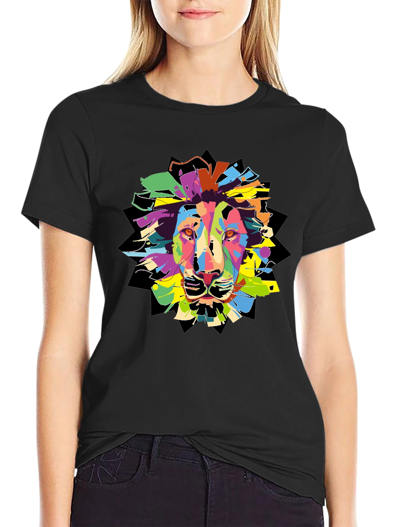 Black Colorful Lion Graphic T-Shirt - Men's Black Tee view 2