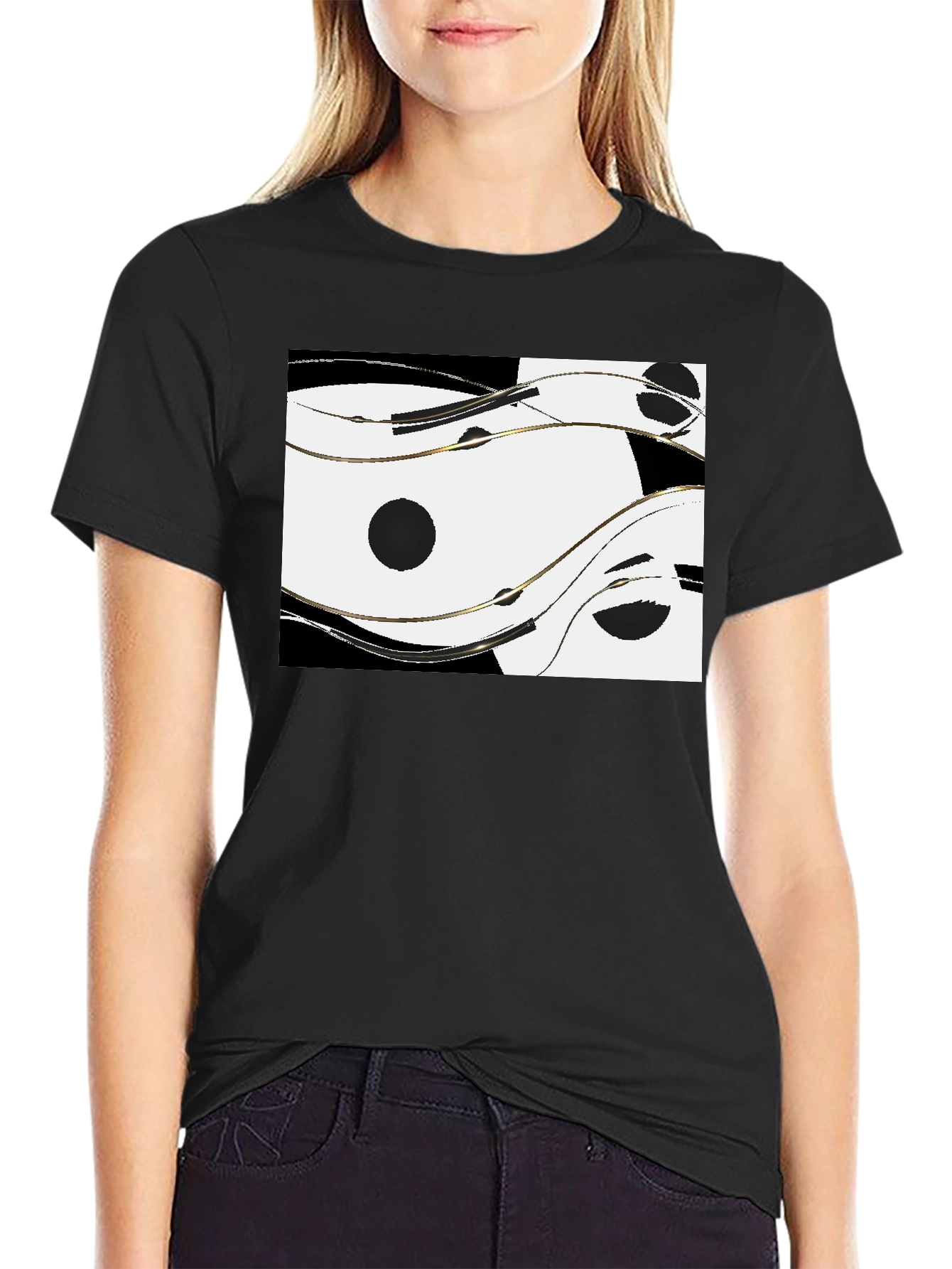Black Abstract Yin Yang Style Graphic Tee - Black view 2