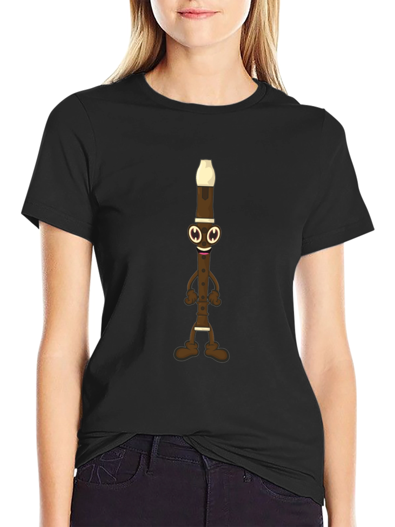 Black Funny Flute Cartoon Graphic Tee - Black Cotton view 2