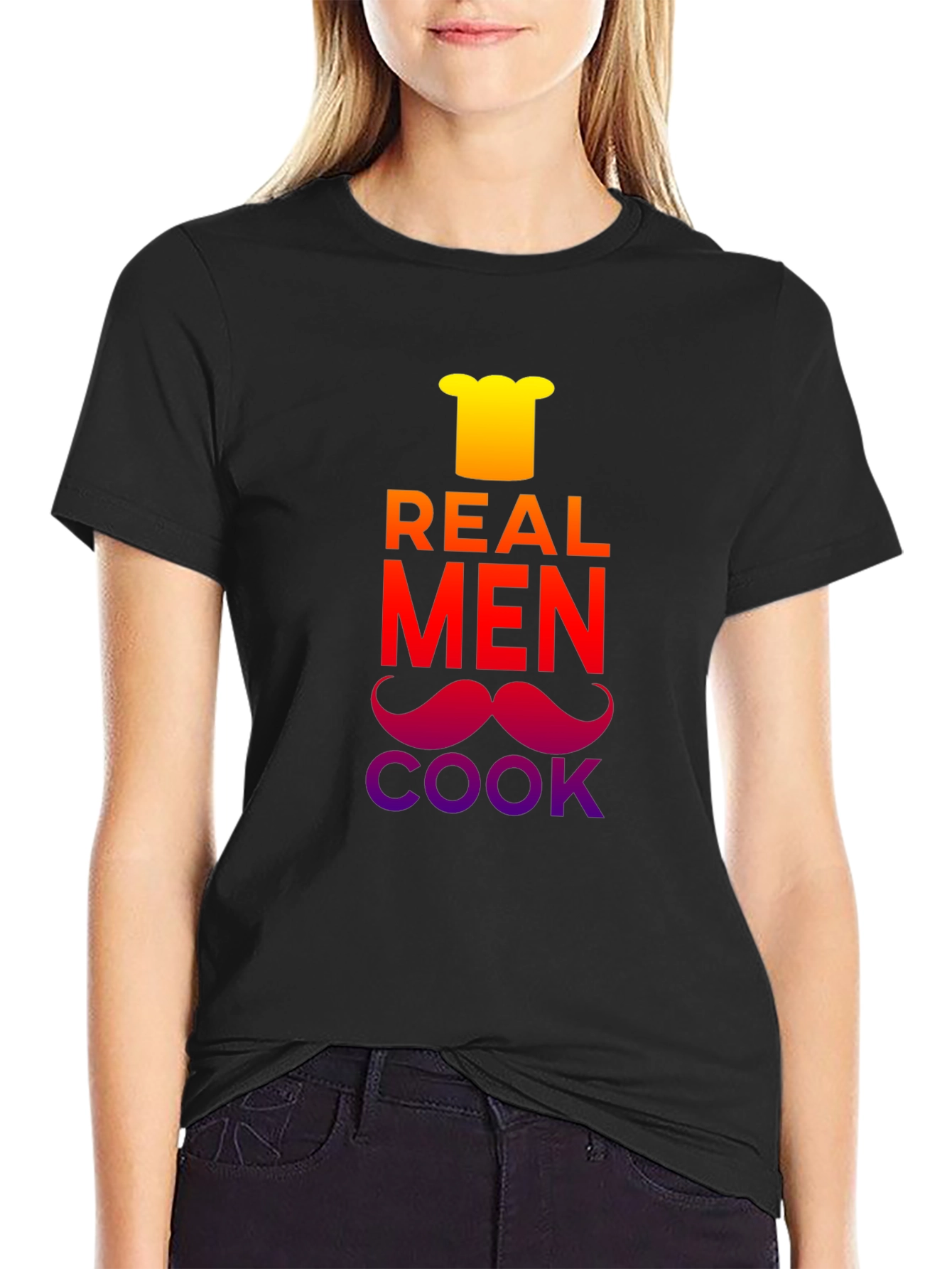 Black Real Men Cook T-Shirt - Chef's Hat & Moustache Design view 2