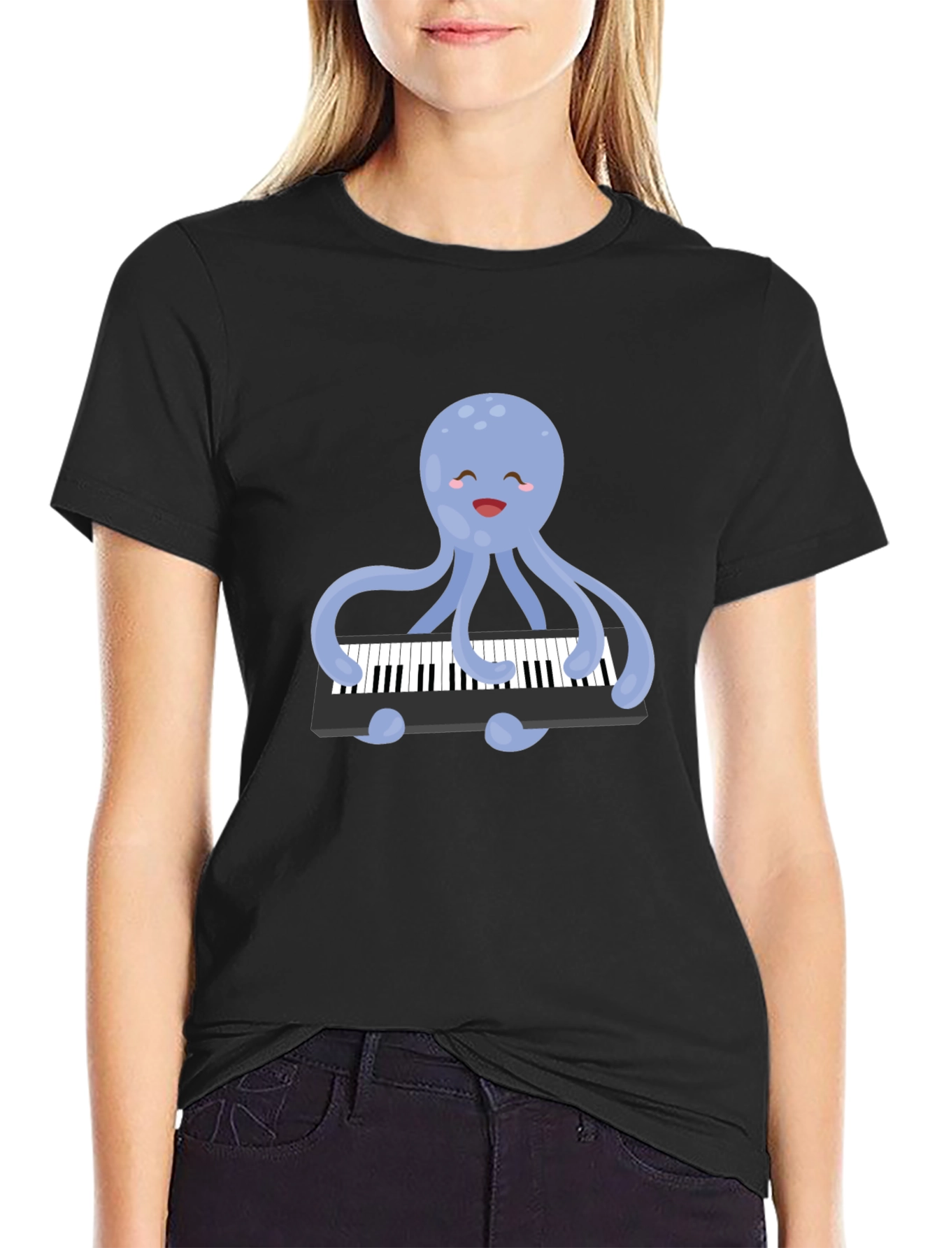 Black Octopus Playing Piano T-Shirt - Unique Design! view 2