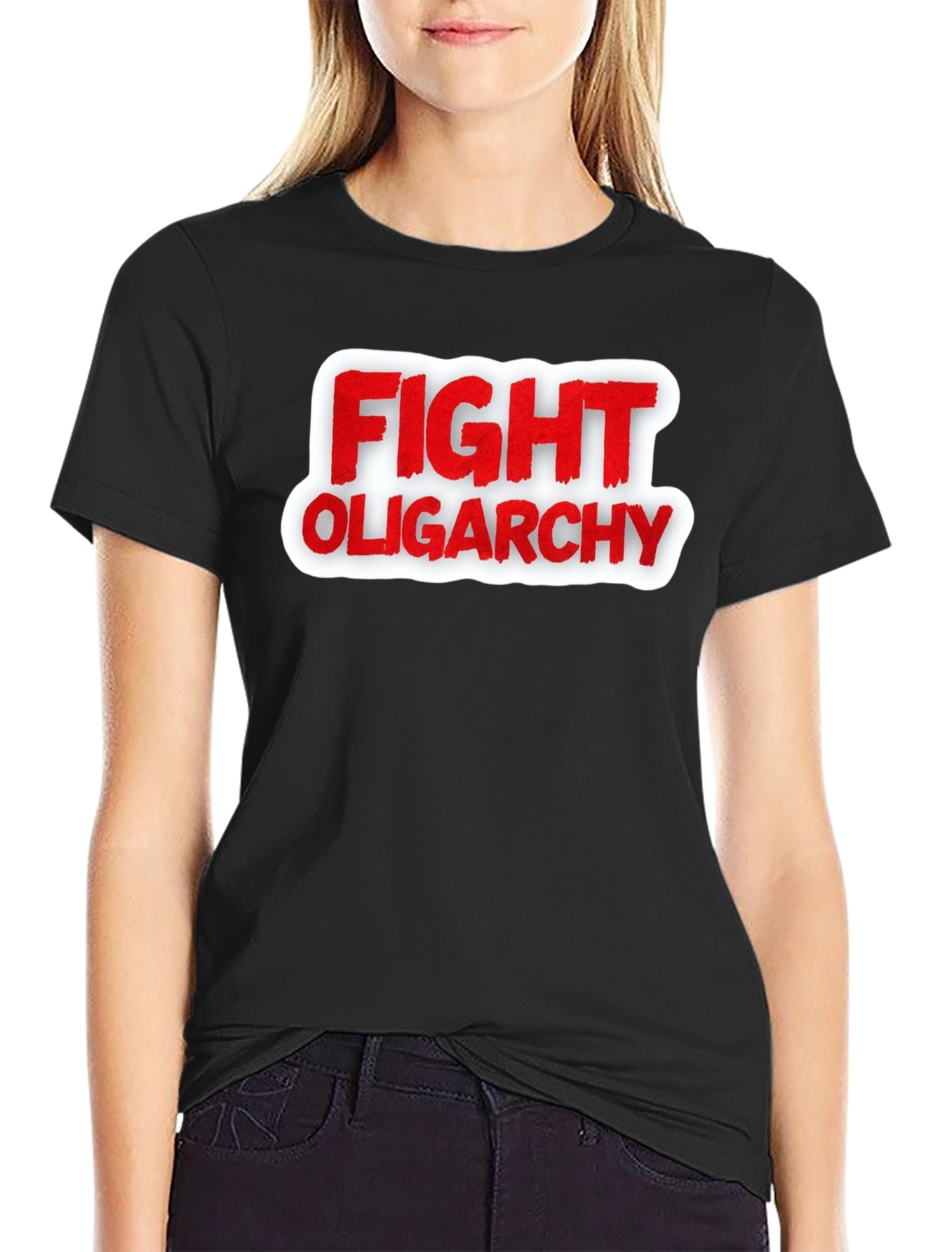 Black Fight Oligarchy T-Shirt - Red and White Graphic Tee view 2