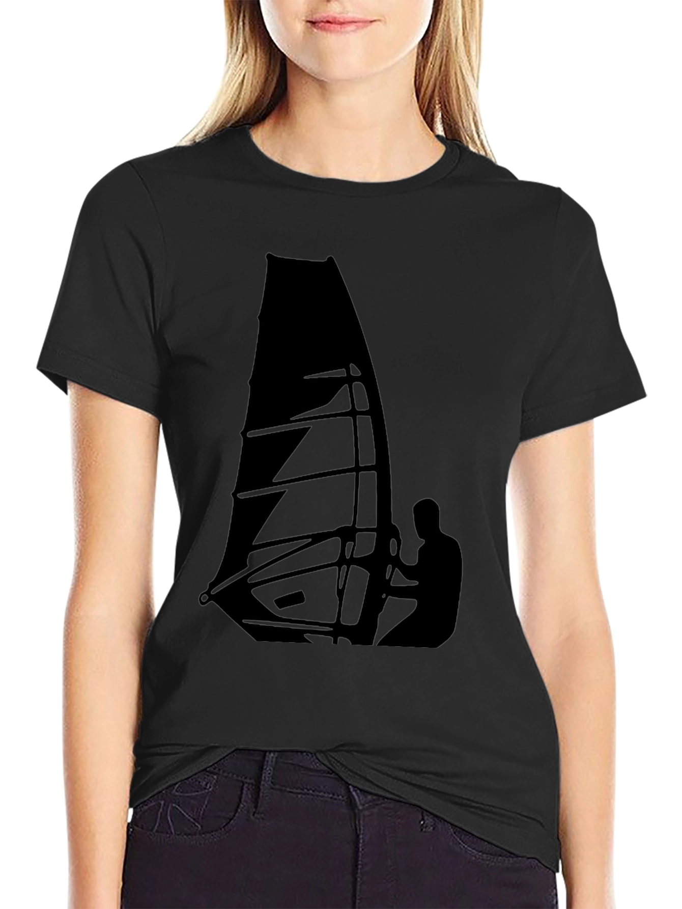 Black Windsurfing Graphic Tee - Black Cotton T-Shirt view 2