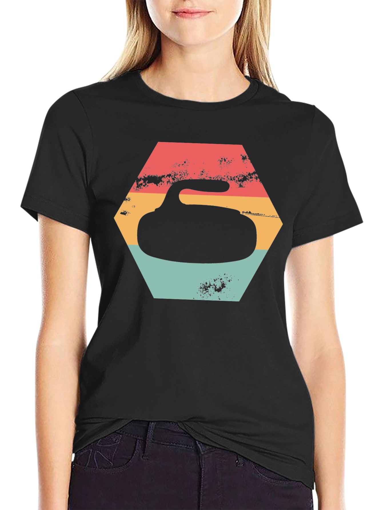 Black Retro Curling Stone Graphic Tee - Vintage Sports Shirt view 2
