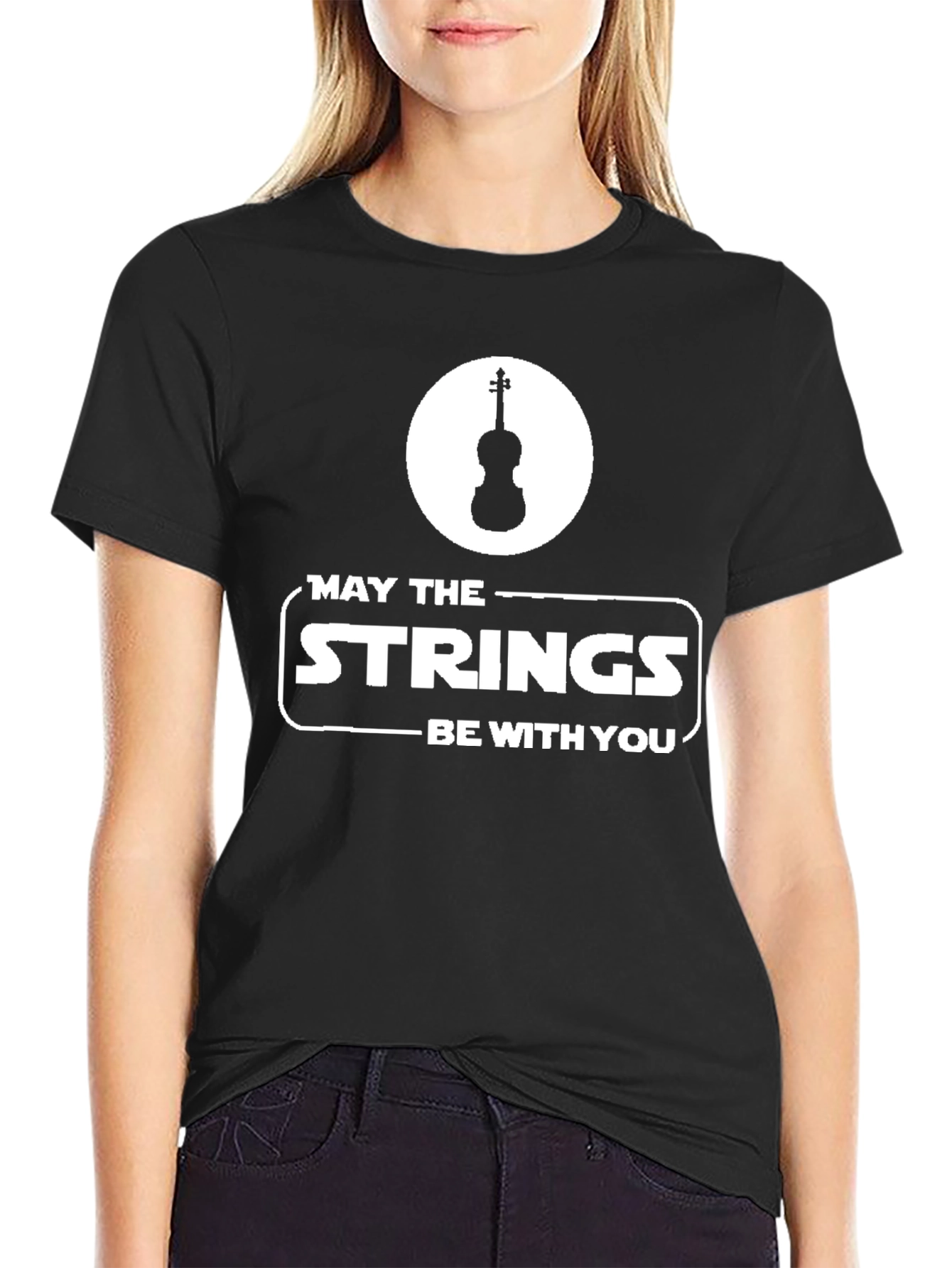 Black May the Strings Be With You T-Shirt view 2