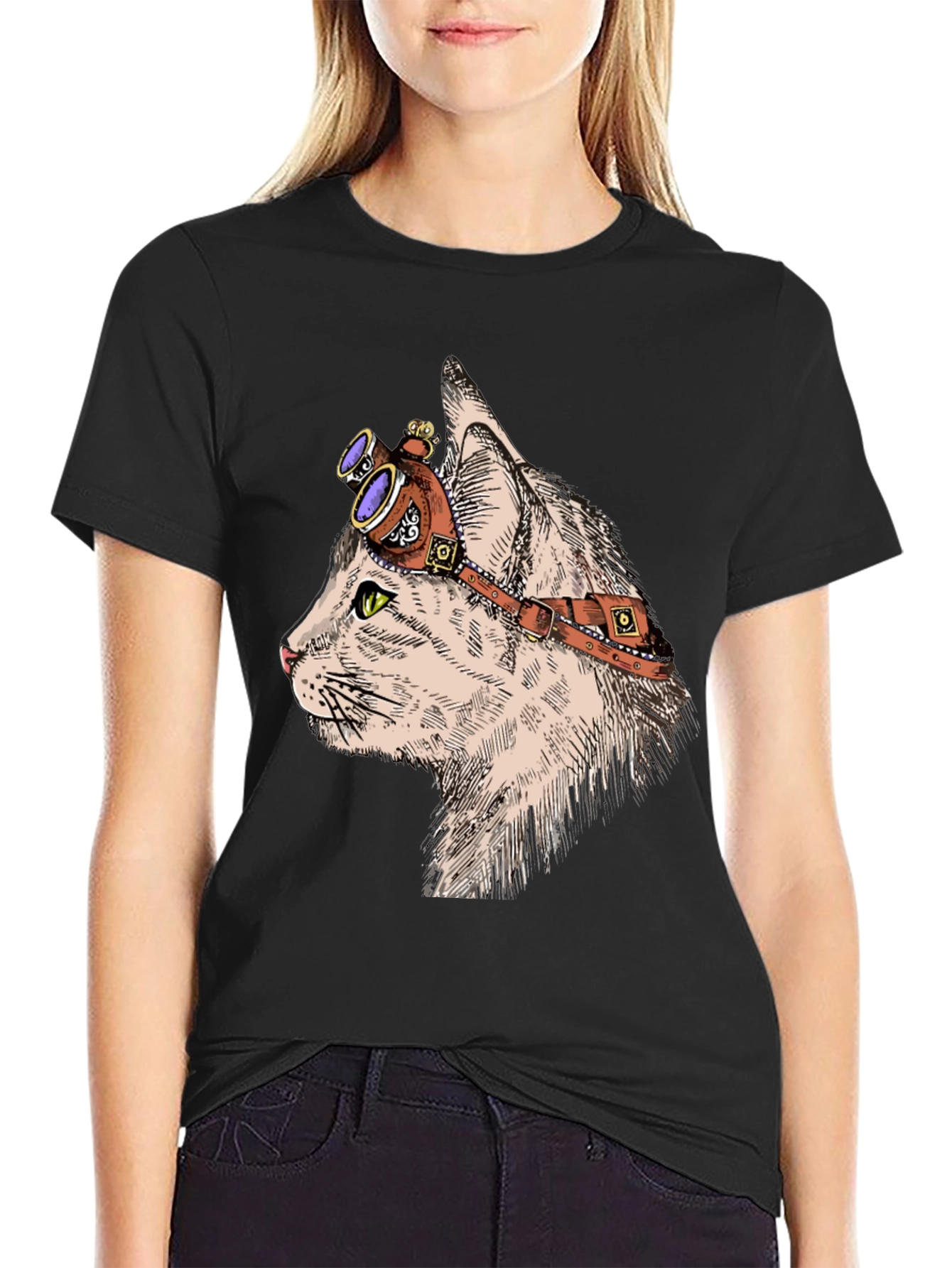 Black Steampunk Cat T-Shirt: Cool Feline with Goggles view 2