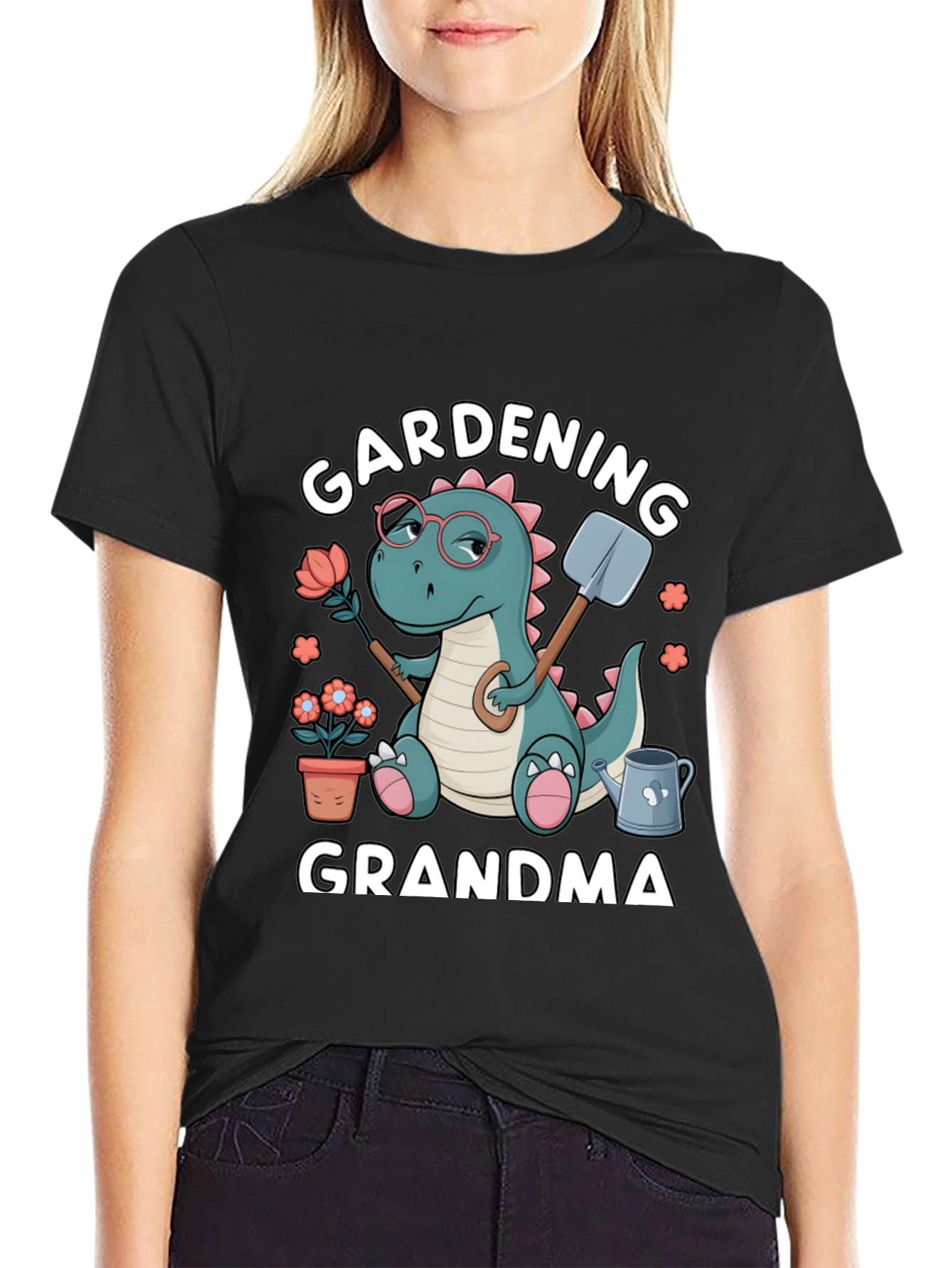 Black Gardening Grandma T-Shirt - Dinosaur Design view 2