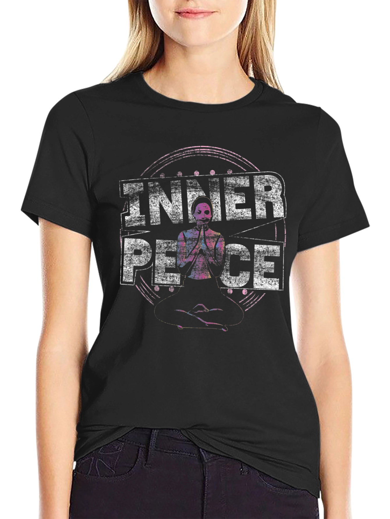 Black Inner Peace Graphic Tee - Meditating Skeleton view 2
