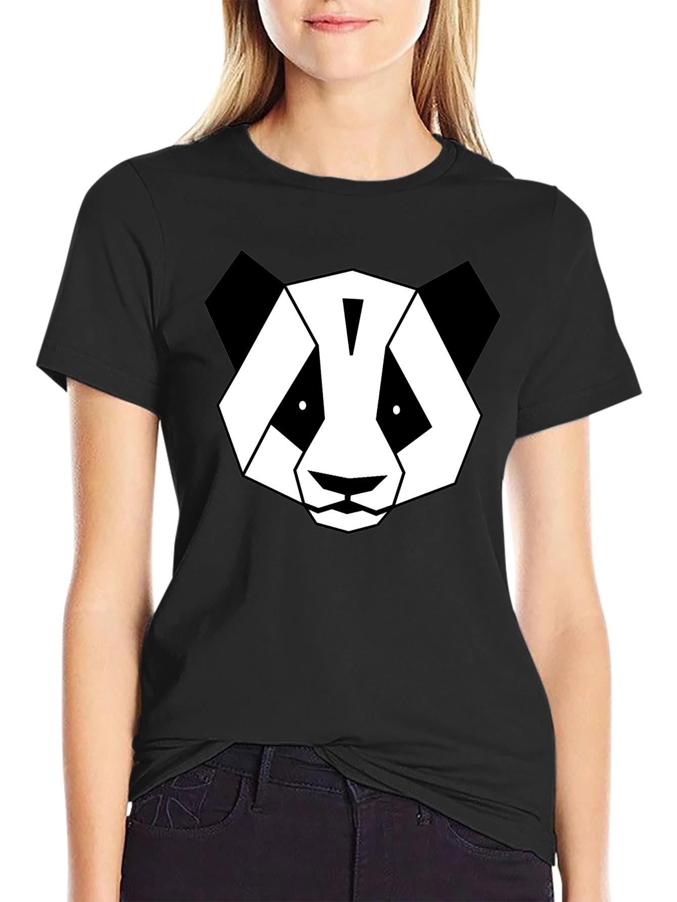 Black Geometric Panda Graphic T-Shirt - Modern Black Tee view 2