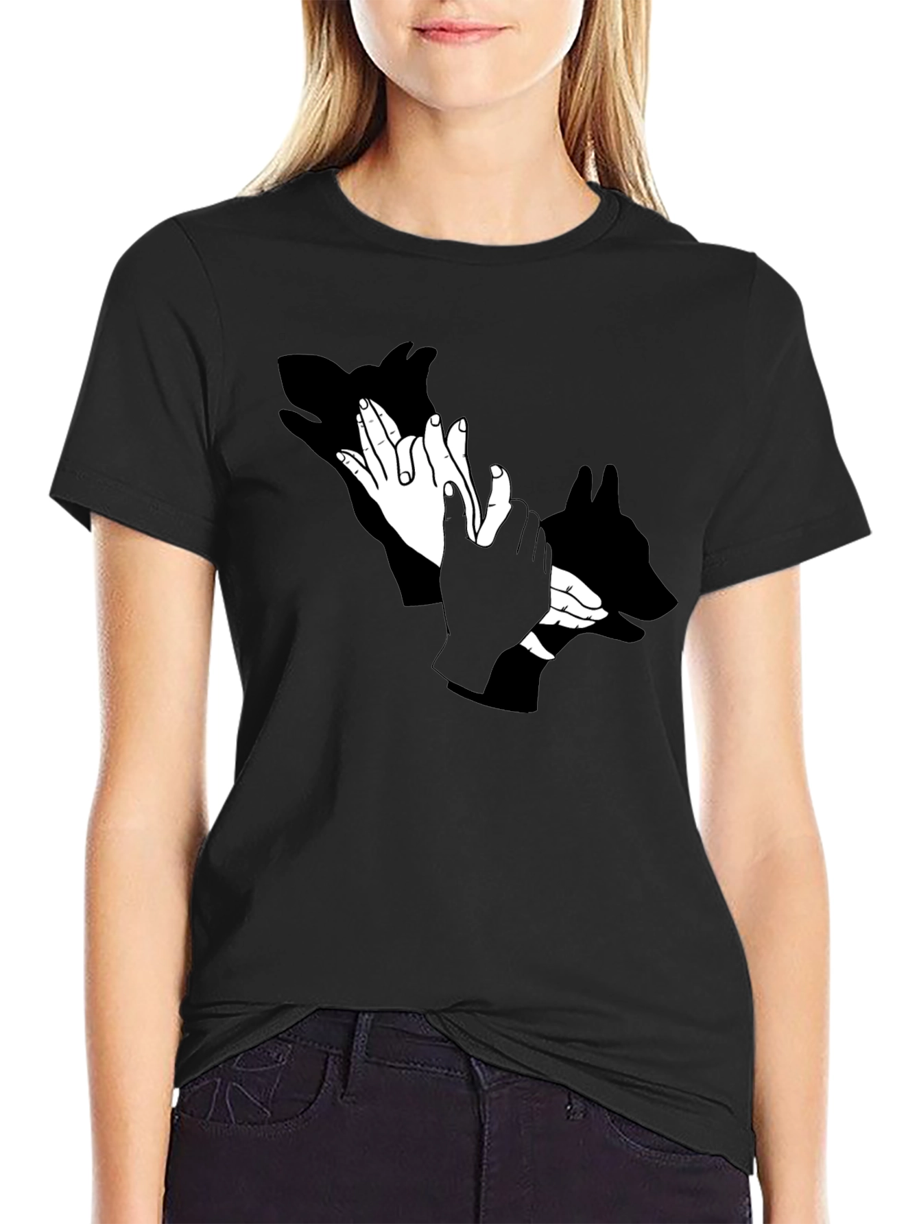 Black Shadow Puppet Hands Graphic Tee - Unique Design view 2