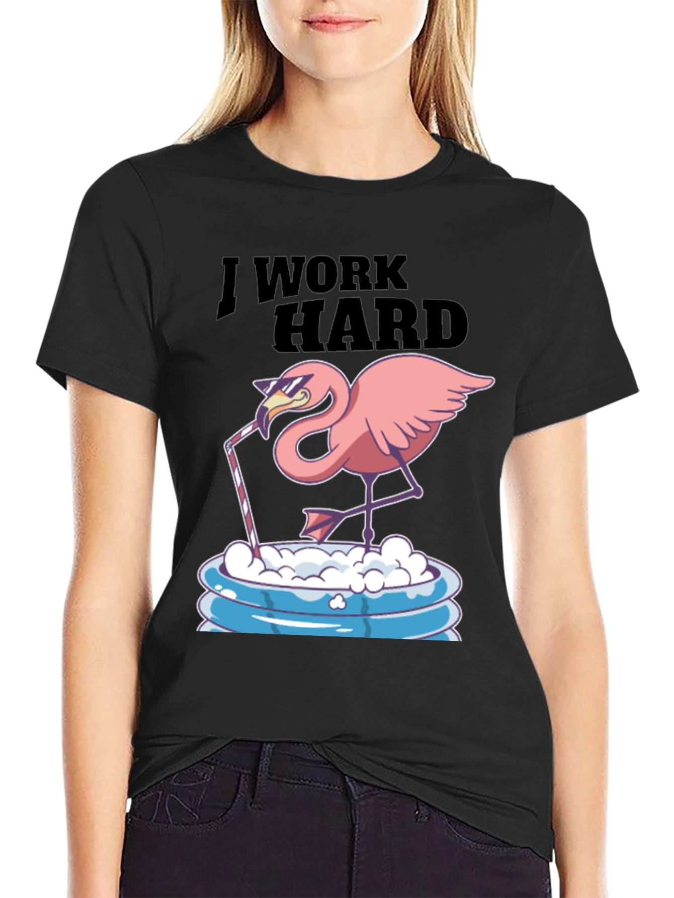 Black I Work Hard Flamingo T-Shirt - Funny Relaxing Tee view 2