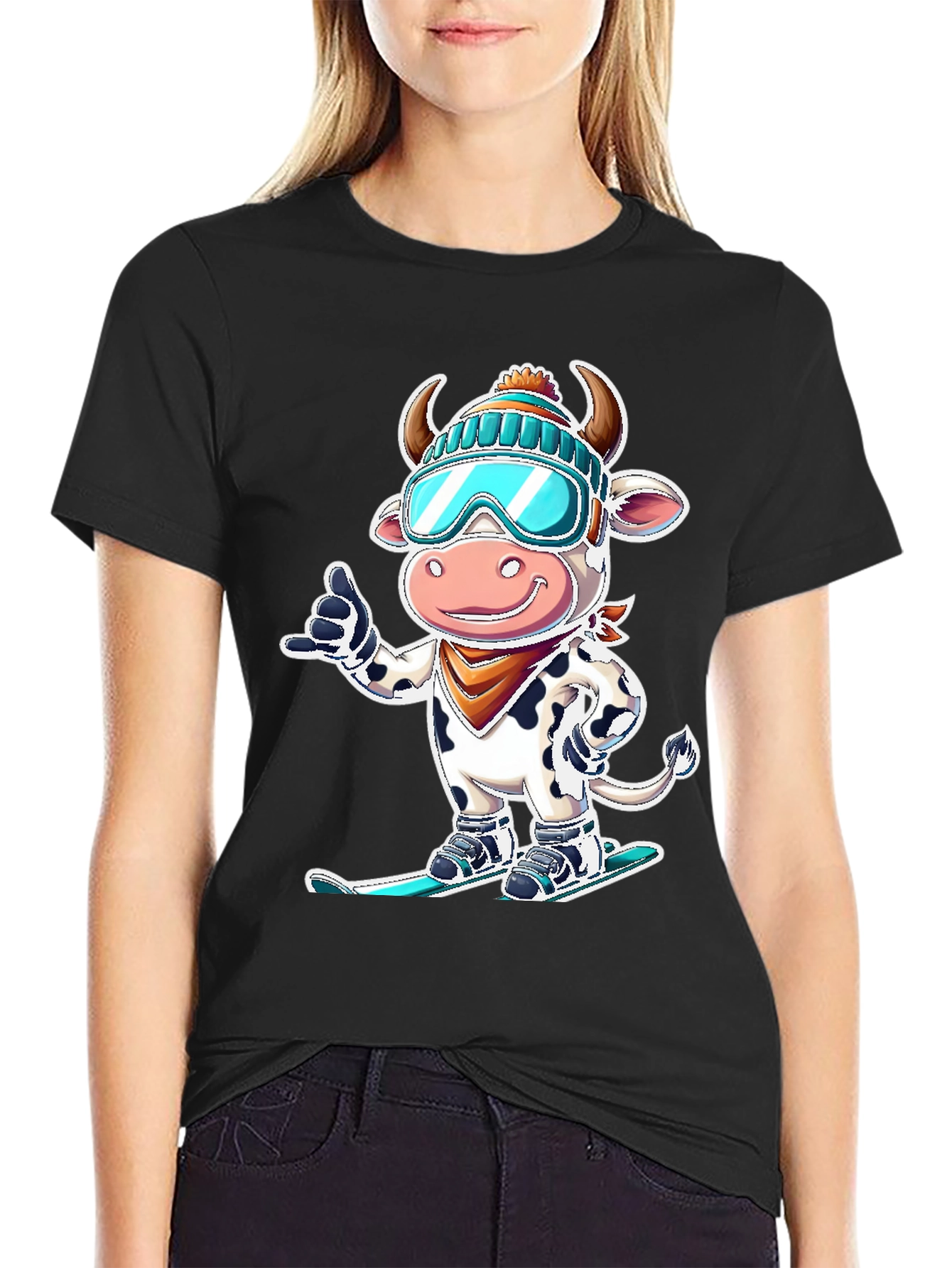 Black Skiing Cow Graphic Tee - Fun Winter T-Shirt view 2