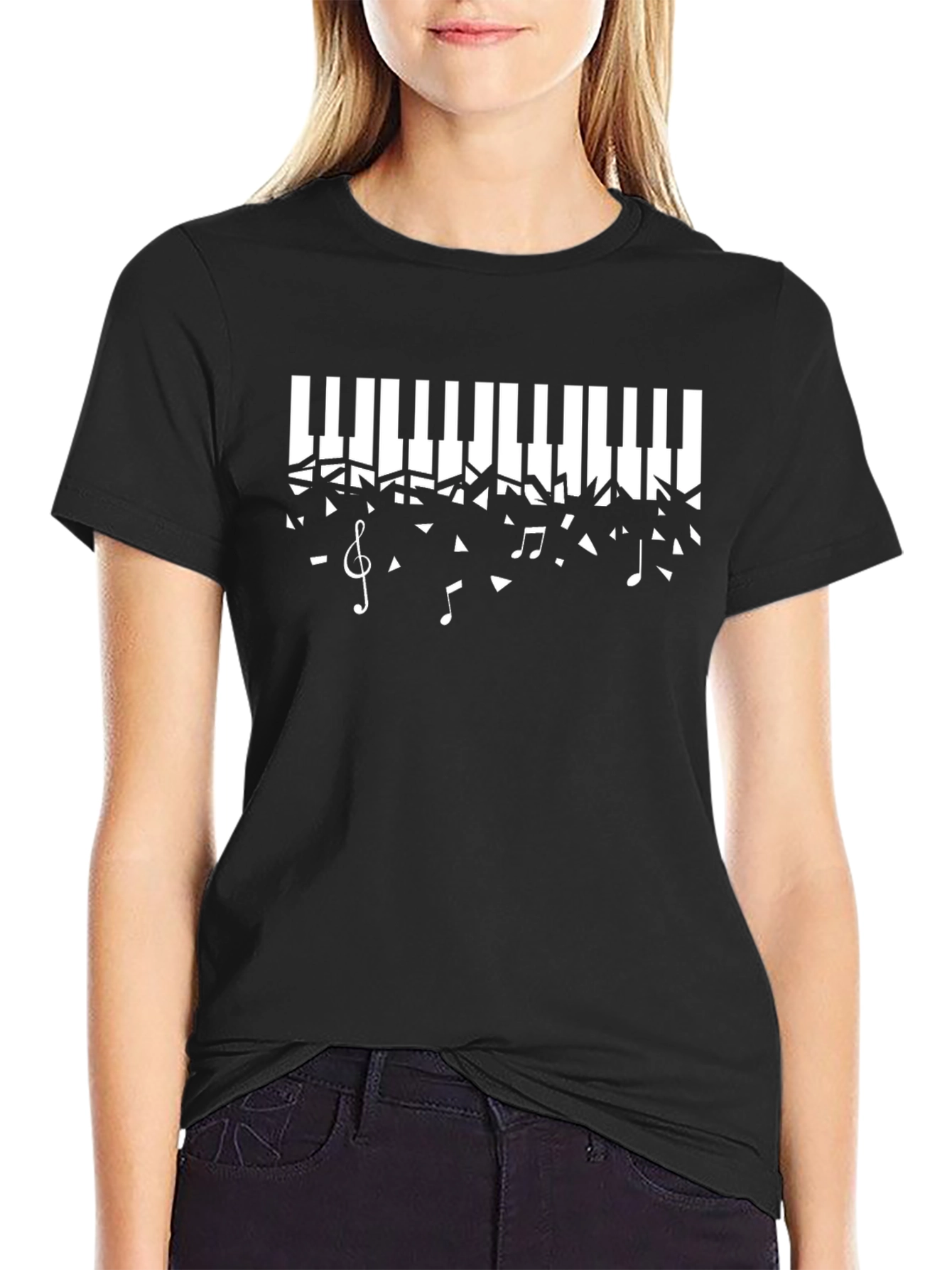 Black Piano Keys & Music Notes Graphic Tee - Black view 2