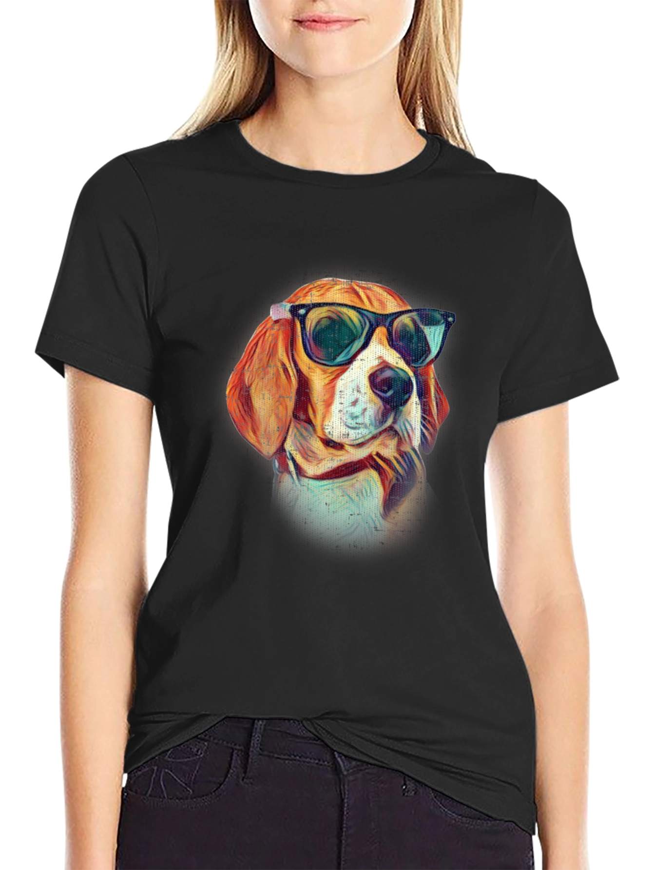 Black Cool Dog T-Shirt - Beagle with Sunglasses view 2