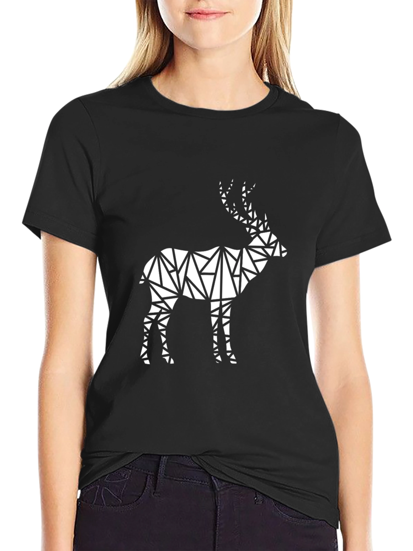 Black Geometric Deer Graphic Tee - Modern Black T-Shirt view 2