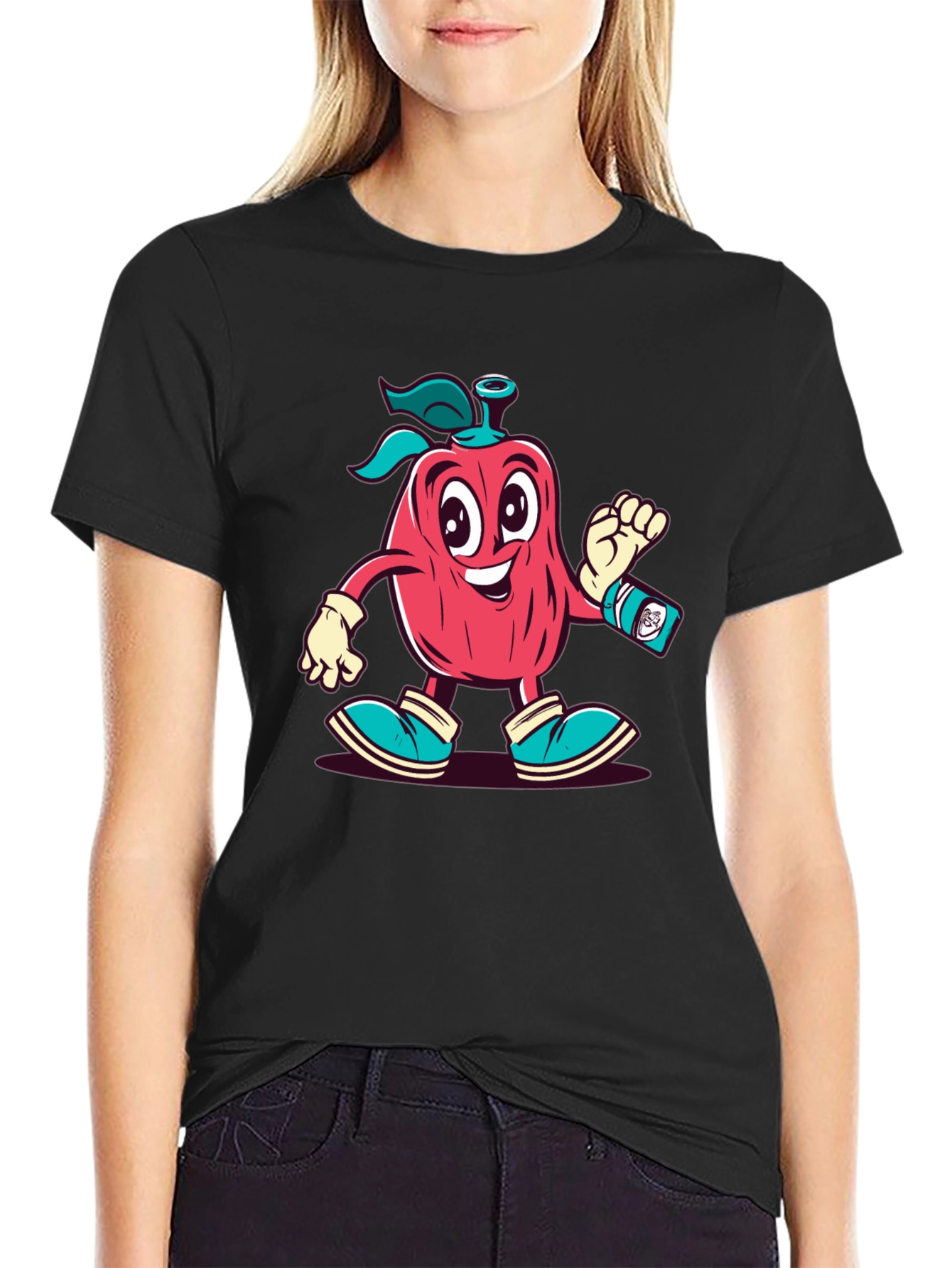 Black Cartoon Apple Character Black T-Shirt view 2